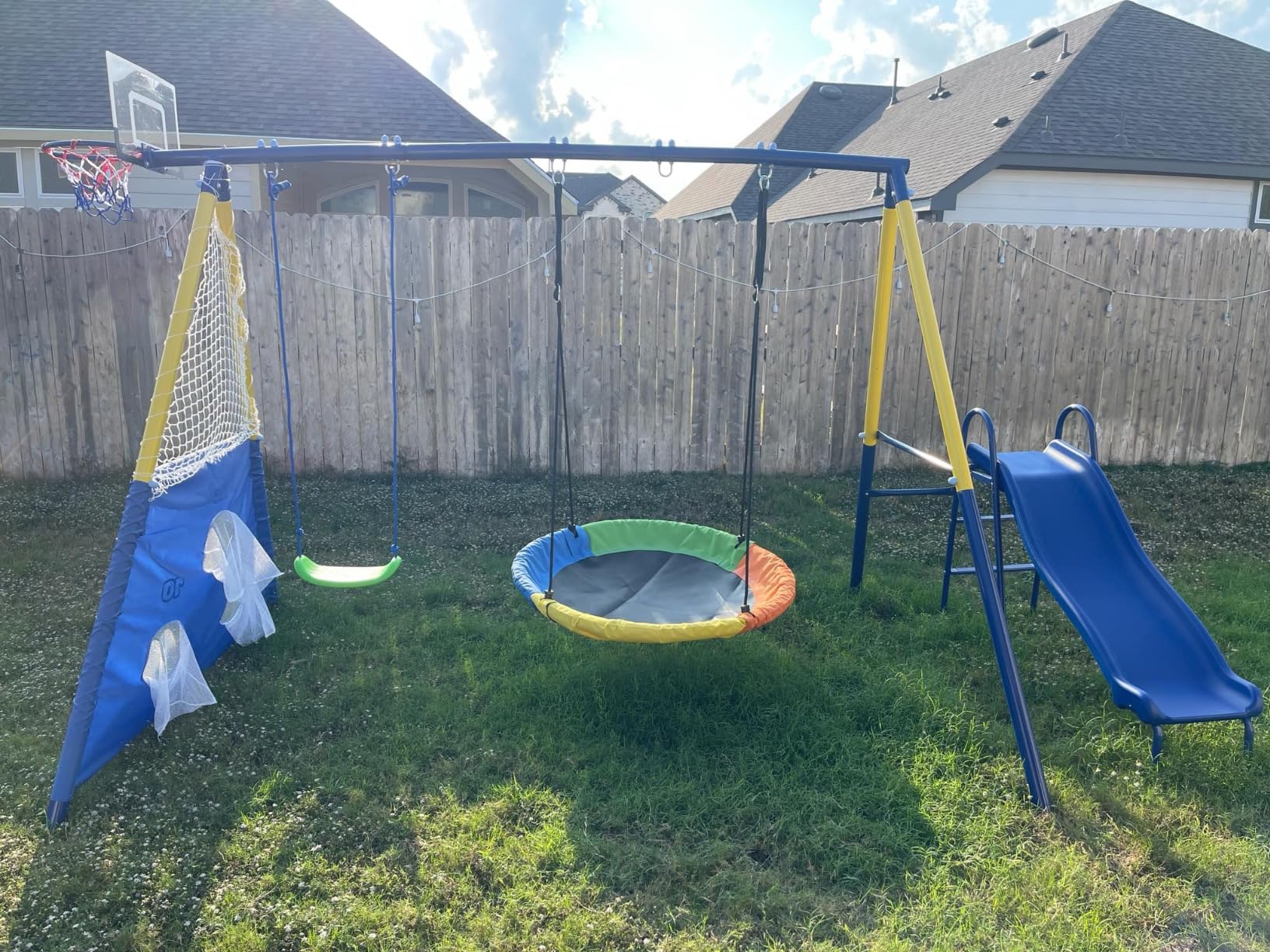 Swing Sets for Backyard with Kids Slide Outdoor Heavy-Duty Metal Playset for Kids 440lbs 5 In 1 Swing Set with Slide, Saucer Swing Seat, Belt Swing, Soccer Goals and Basketball Hoop customer photo 1