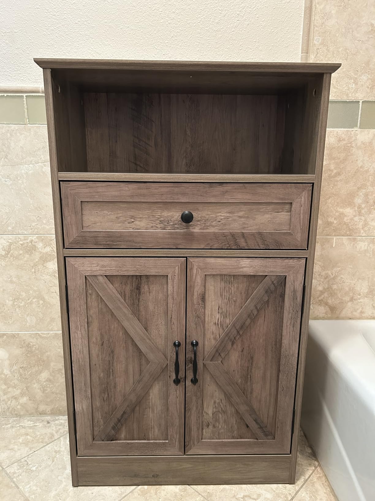 Floor Cabinet, Farmhouse Storage Cabinet with Barn Doors and Drawer, Freestanding Adjustable Shelf Organizer for Bathroom, Kitchen, Living Room Rustic Brown customer photo 1