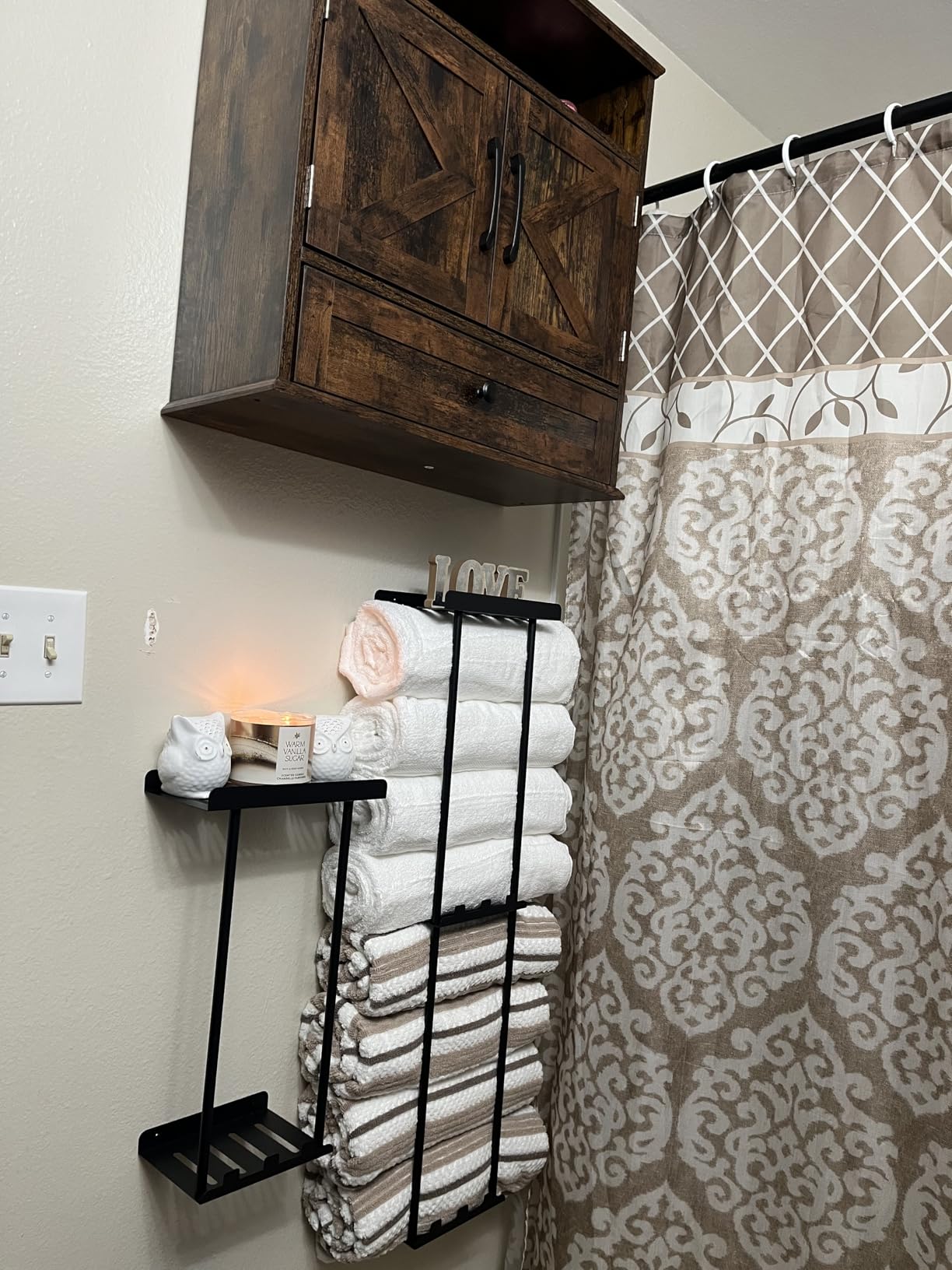 Floor Cabinet, Farmhouse Storage Cabinet with Barn Doors and Drawer, Freestanding Adjustable Shelf Organizer for Bathroom, Kitchen, Living Room Rustic Brown customer photo 2