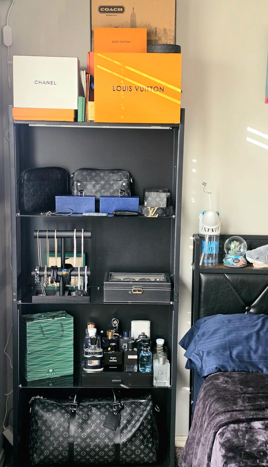 AODK Display Case with Glass Shelves & RGB Lights, 4-Tier Display Cabinet | LED Display Shelf with Industrial Metal Mesh & Open Shelf Design for Collectibles, Black Curio Cabinet, Book Case customer photo 1