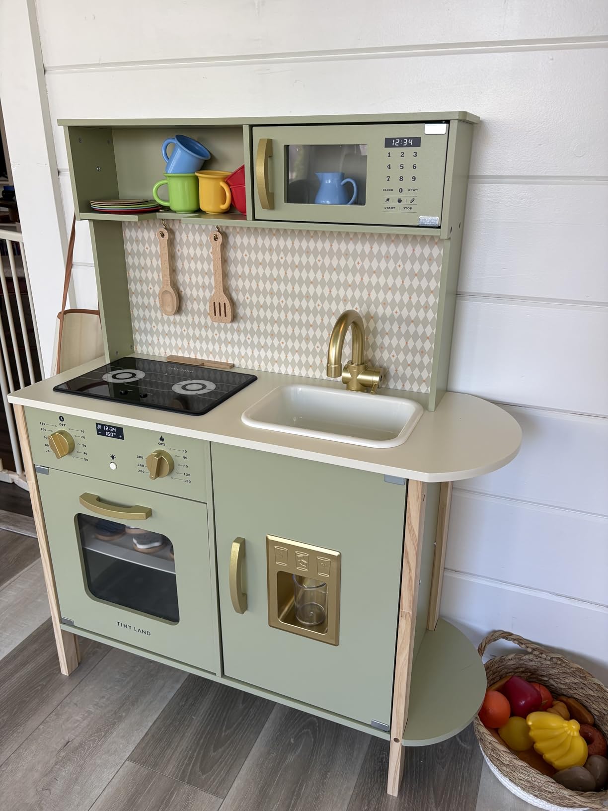 Tiny Land Play Kitchen for Kids, Wooden Farmhouse Kitchen Playset Chef Pretend Play Set for Toddlers w/Real Lights & Sounds, Toys Kitchen with 18 Pcs Toy Food & Cookware Accessories, Sage Green customer photo 2