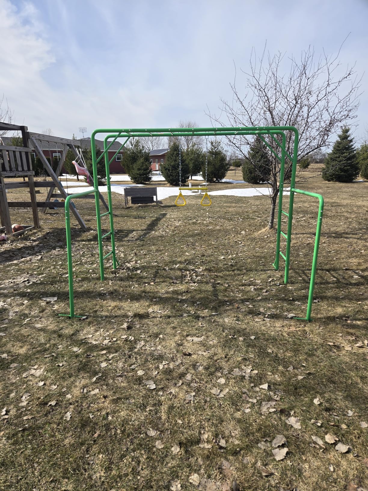 Hapfan Monkey Bars with Gymnastics Bars and Trapeze Swing, 400lbs Heavy Duty Metal Monkey Bar Set for Backyard, Weather-Resistant 3-in-1 Outdoor Playset, Space-Smart Design customer photo 1