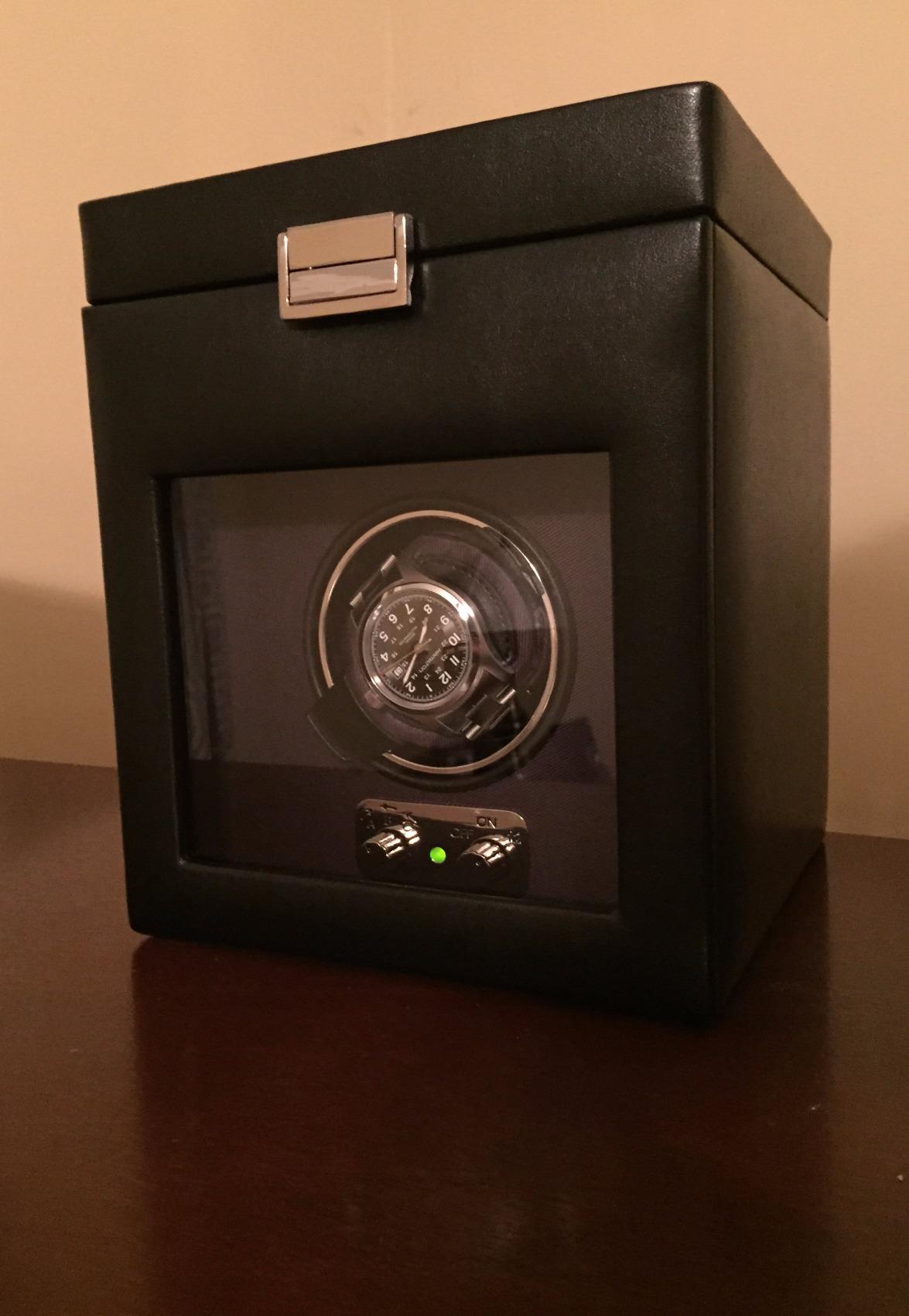 Wolf Heritage Single Winder with Storage, Black - Secure Fit with Patented Lock-in Dynamic Cuff - for Bigger, Heavier Watches - Vegan Leather & Glass Cover - Includes Universal Adapter customer photo 1