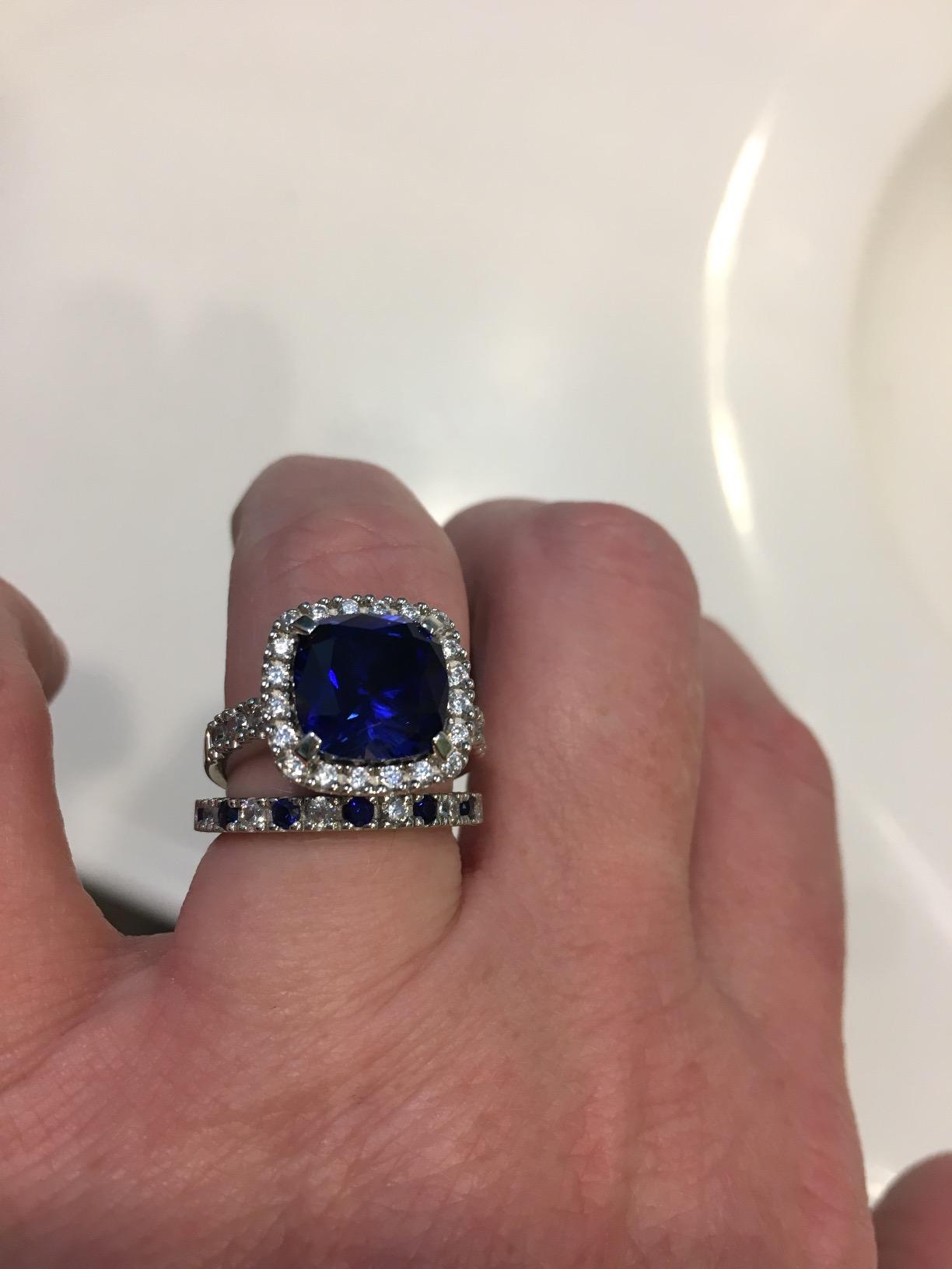 Sterling Silver Halo Statement Cocktail Ring for Women, Sapphire-Blue Cushion Cut Cubic Zirconia CZ customer photo 1