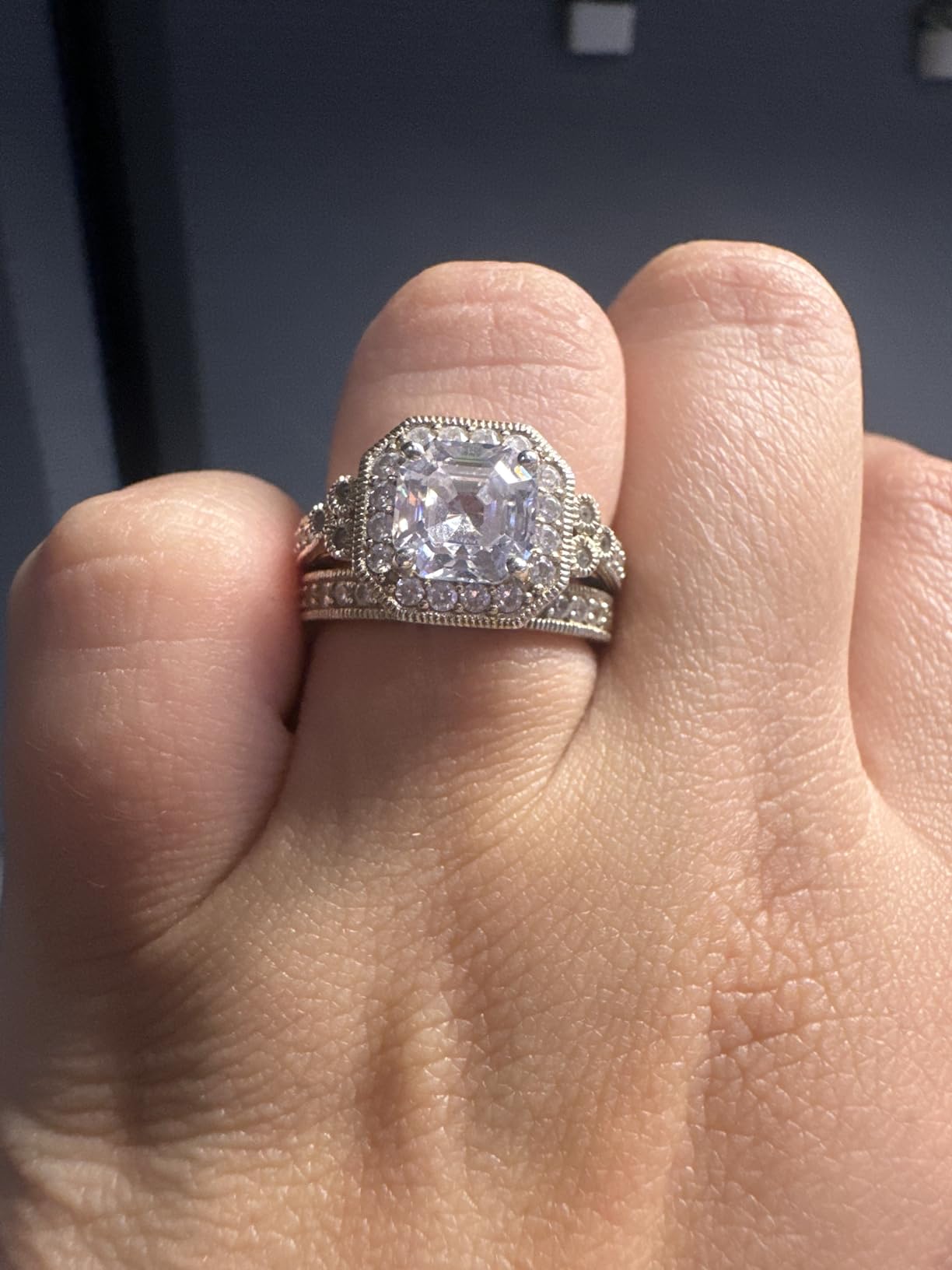 Platinum or Gold Plated Sterling Silver Antique Ring set with Asscher-Cut Infinite Elements Cubic Zirconia customer photo 1