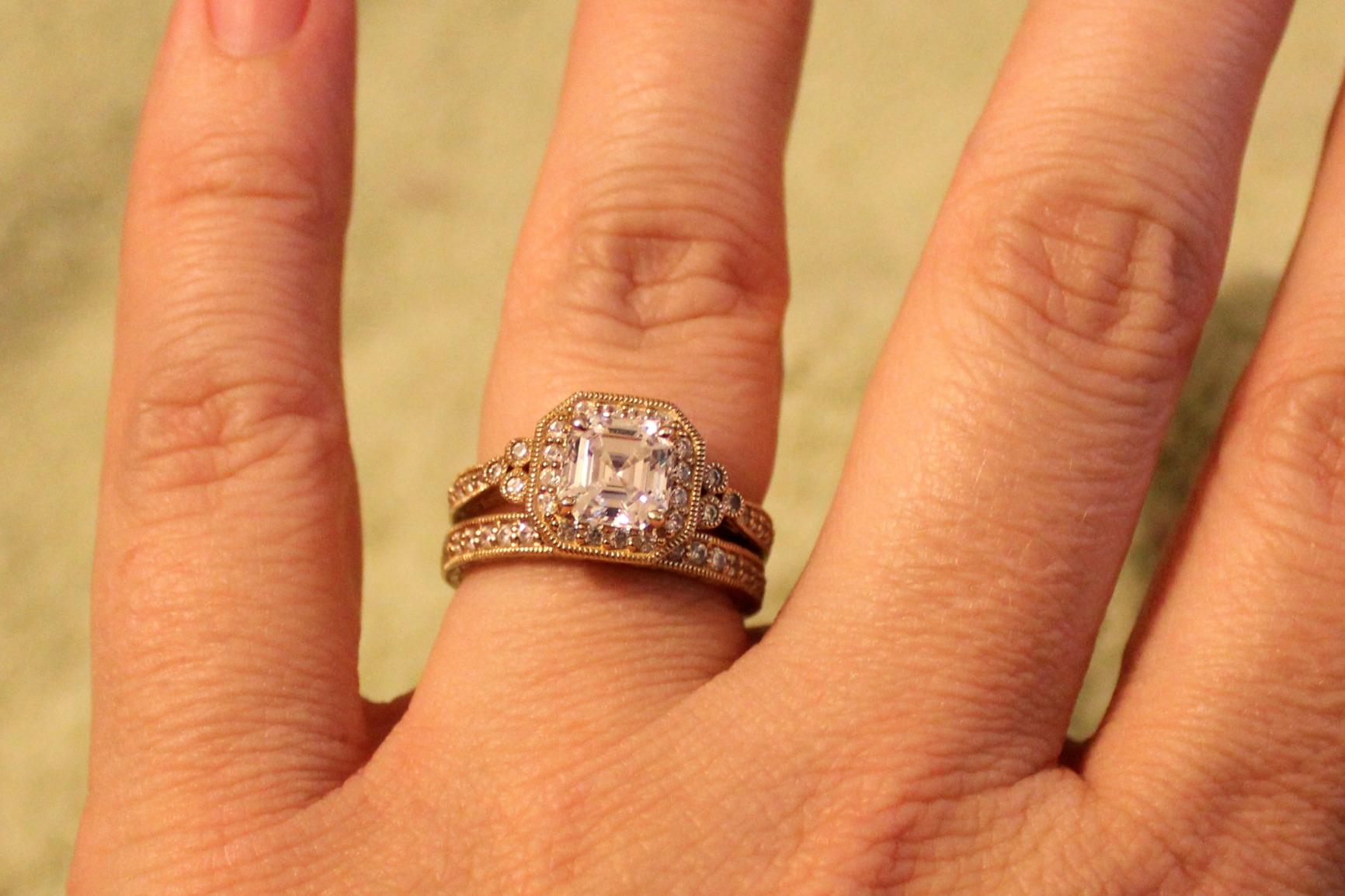 Platinum or Gold Plated Sterling Silver Antique Ring set with Asscher-Cut Infinite Elements Cubic Zirconia customer photo 2