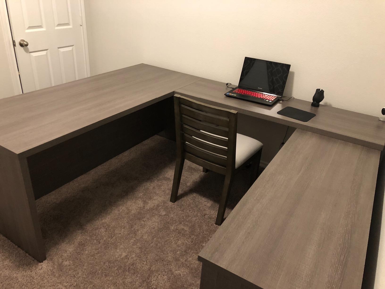 Bestar Pro-Linea 72W U-Shaped Executive Desk in Bark Grey | With Desk Shell, Credenza, Desk Bridge; for home or professional office use; 1 file drawer, 1 box drawer; Wood construction customer photo 1