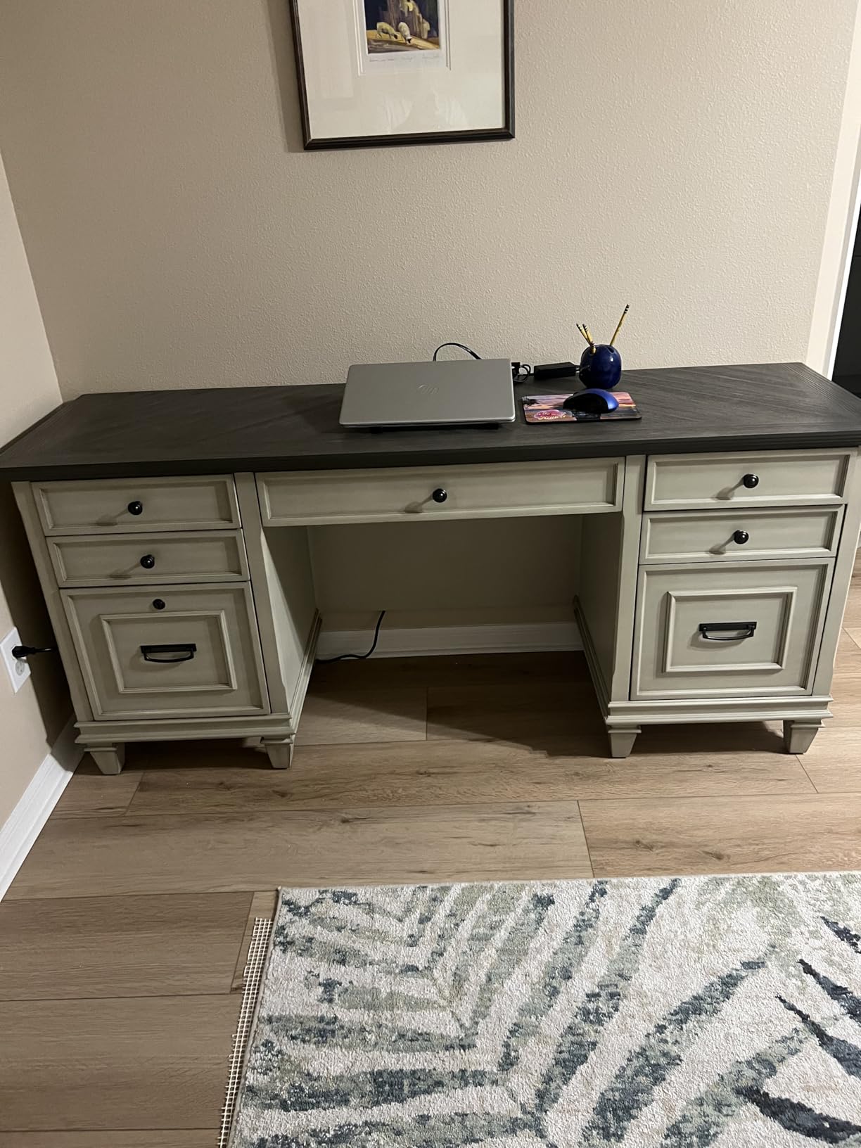Martin Furniture Hartford Traditional Wood Credenza Office Desk Writing Table with Drop-Front Keyboard/Pencil Drawer, 3 Utility Drawers, Locking Letter/Legal File Drawer, in Black Finish customer photo 1