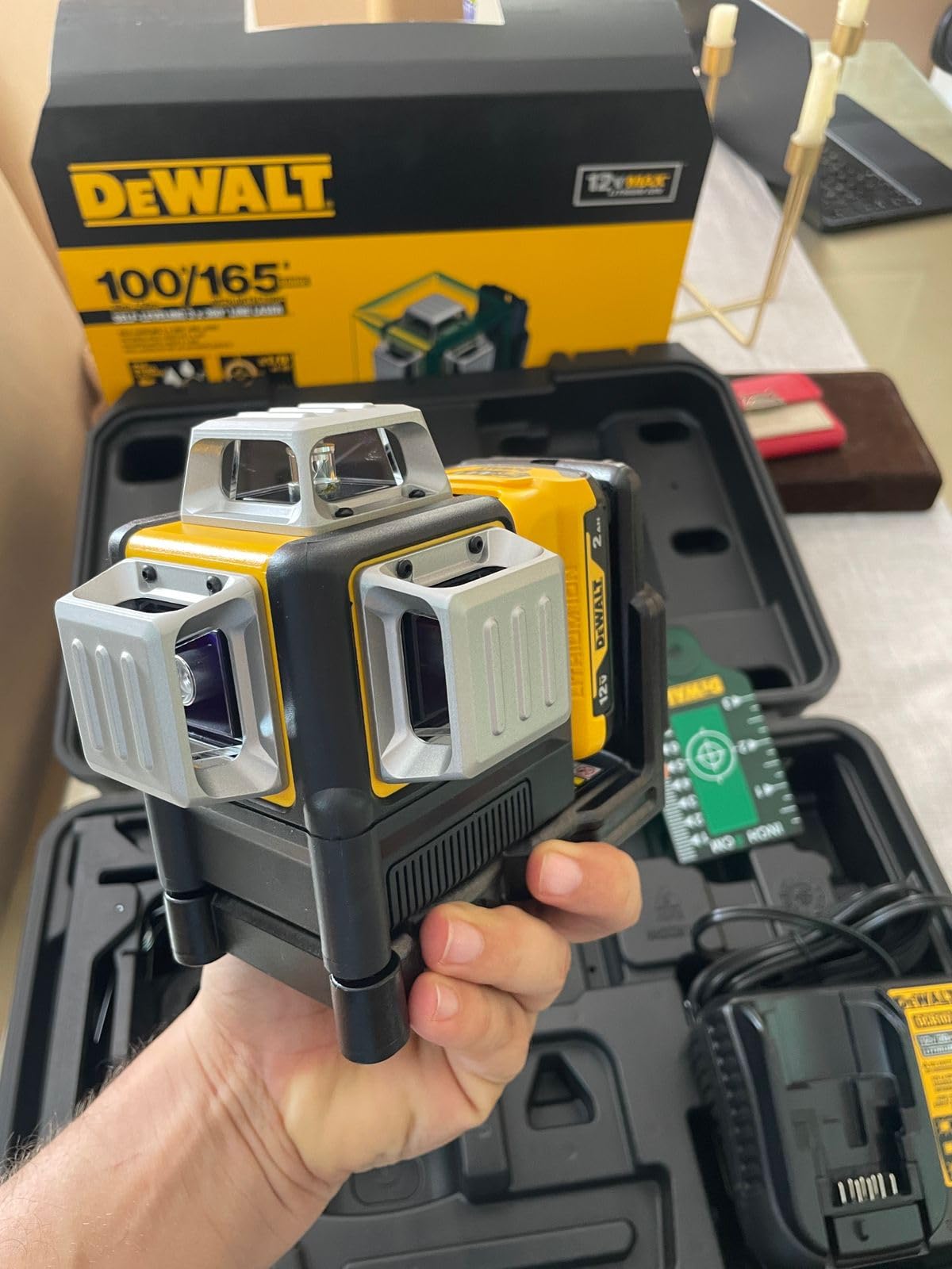 DEWALT Laser Level 360 Self Leveling, 3 Way Green Laser Leveler Tool 12V MAX with 2.0Ah Battery, Charger and Carrying Case, 100 Ft (DW089LG) customer photo 2