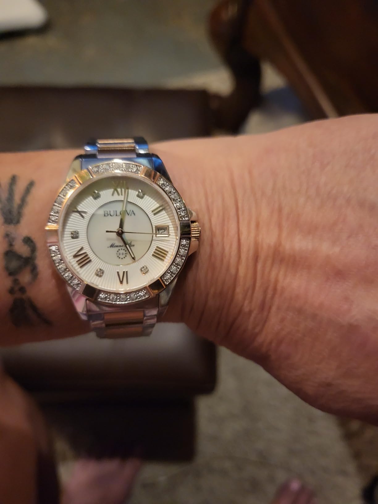 Bulova Ladies' Marine Star 'Series L' 3-Hand Day Date Quartz Diamond Watch, Sapphire Crystal, 100M Water Resistant, Mother-of-Pearl Dial, 34mm customer photo 2