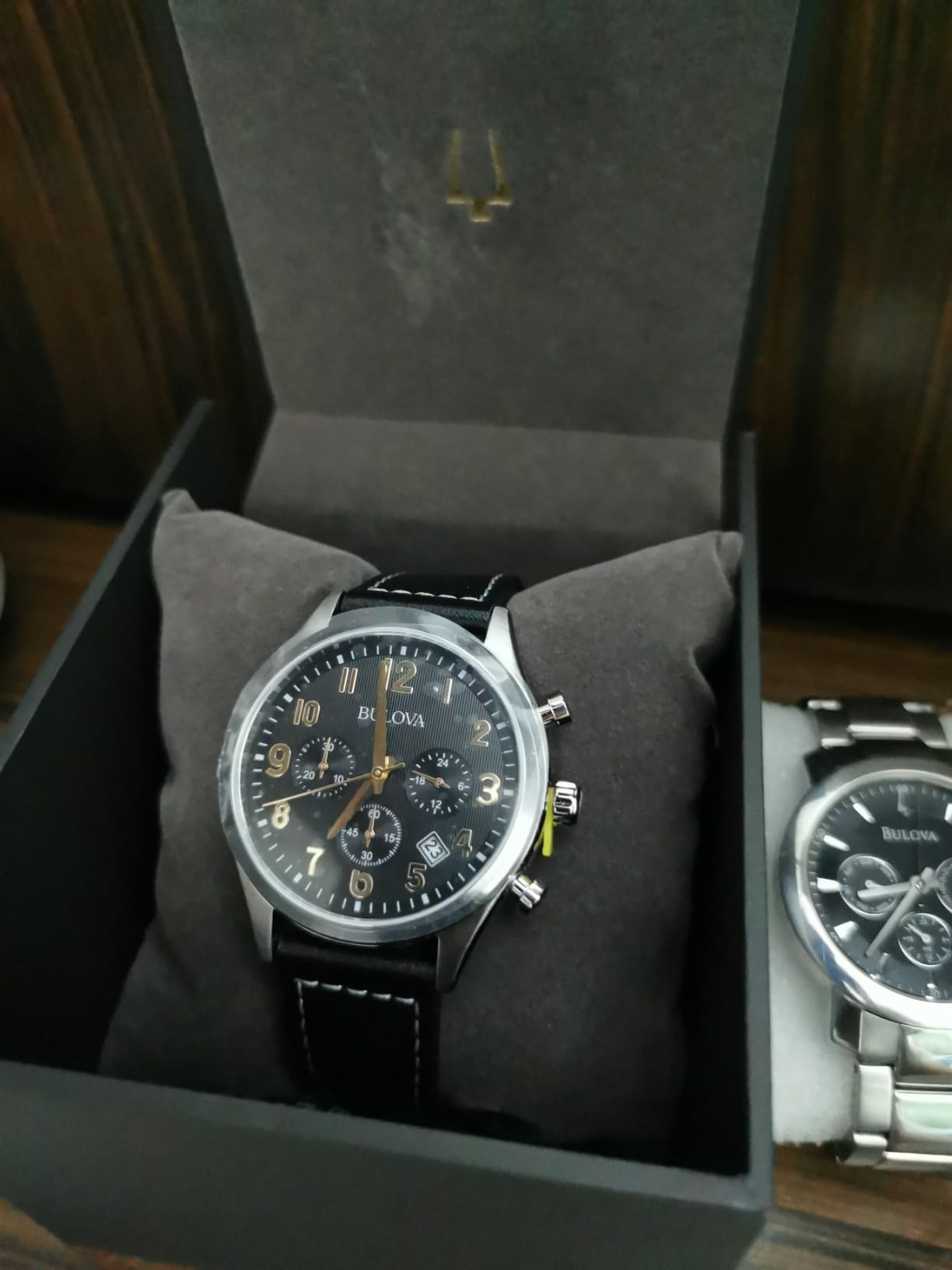 Bulova Men's Classic Stainless Steel 6-Hand Chronograph Quartz Leather Strap Watch with Grey Dial, Gold Accents, Arabic Markers, 41mm customer photo 2