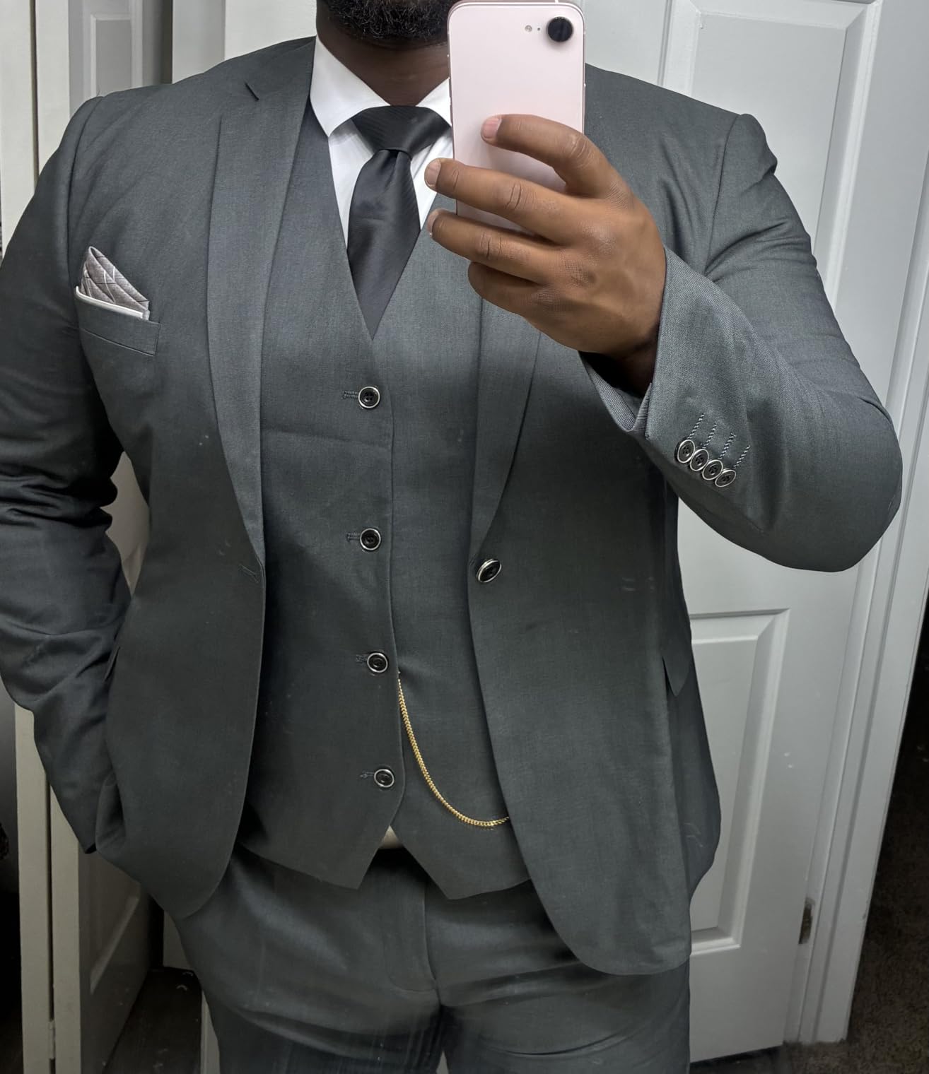 MY'S Men's 3 Piece Suit Set with Tie, One Button Slim Fit Solid Jacket Vest Pants, Prom Party Wedding Business Suits for Men customer photo 2