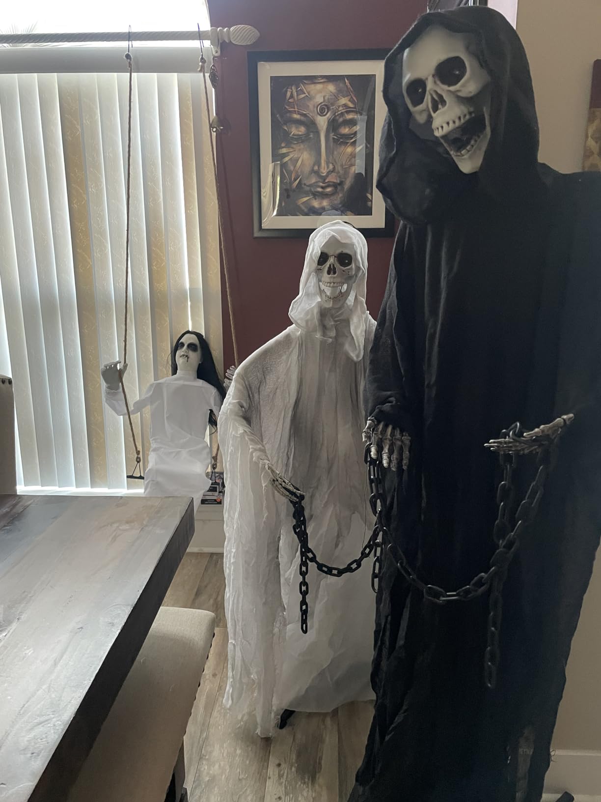 Haunted Hill Farm Life-Size Scary Grim Reaper with Chain, Halloween Animatronic with Touch Activated Lights and Sounds, Battery Operated Indoor or Covered Outdoor Halloween Decorations customer photo 2
