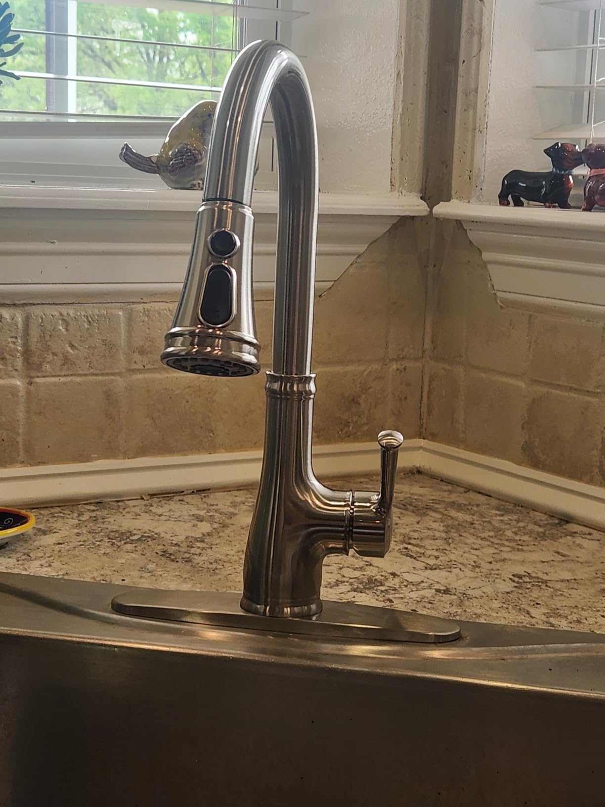 WEWE Vintage Kitchen Faucet, Pull-Down Sprayer, Brushed Nickel, High Arc | 3 Modes Sprayer, 360 Swivel, SUS304, Fits 1- or 3-Hole Sinks, 20-Inch Hose, Ceramic Cartridge, Fits Bar & Prep Sinks customer photo 1