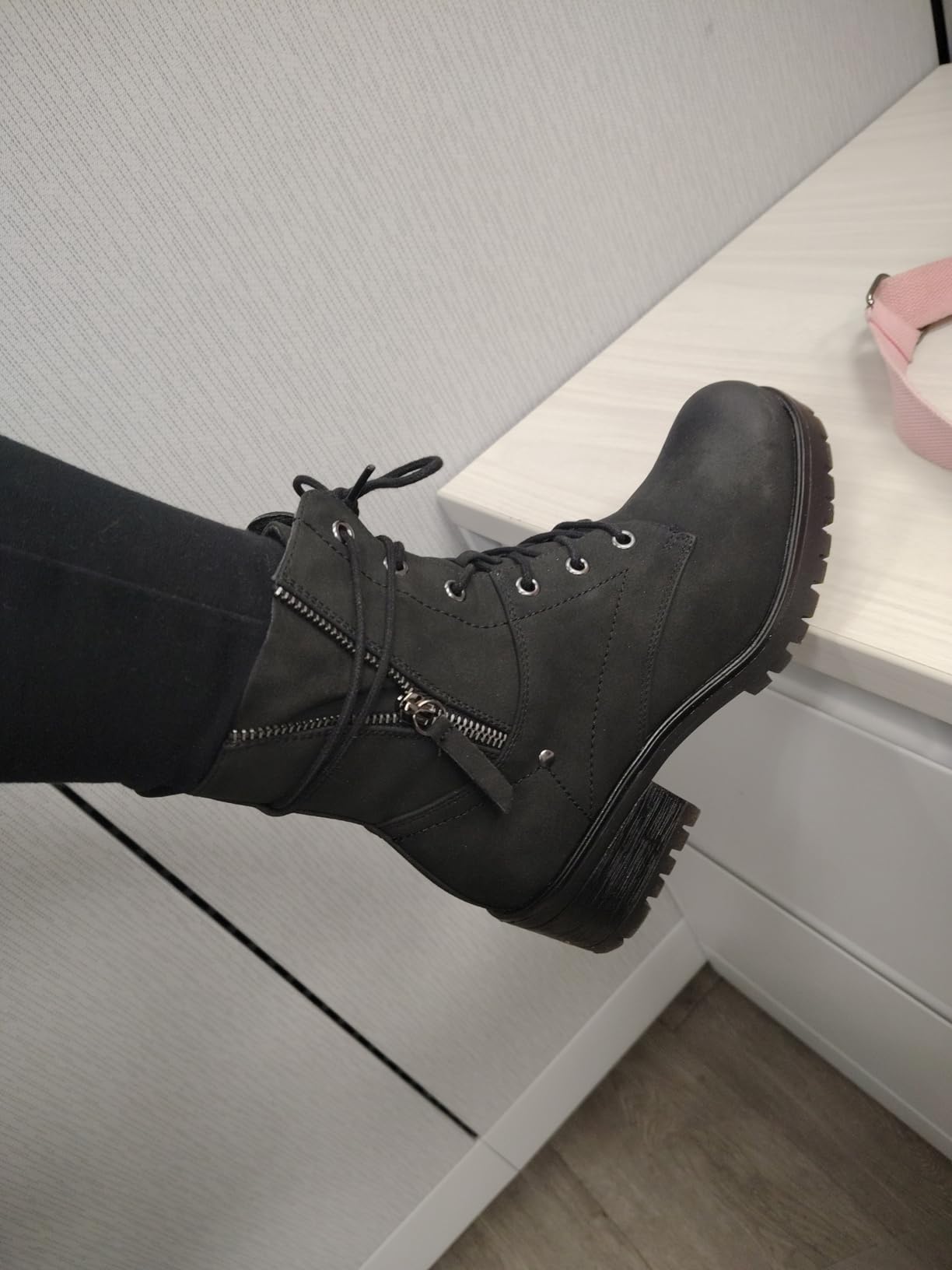 Dunes Women's Kobe Heeled Combat Boots - Lace-Up with Side Zipper, Memory Foam Insoles, Faux Fur Lining, Vegan Nubuck Leather, Wide Widths Available customer photo 2