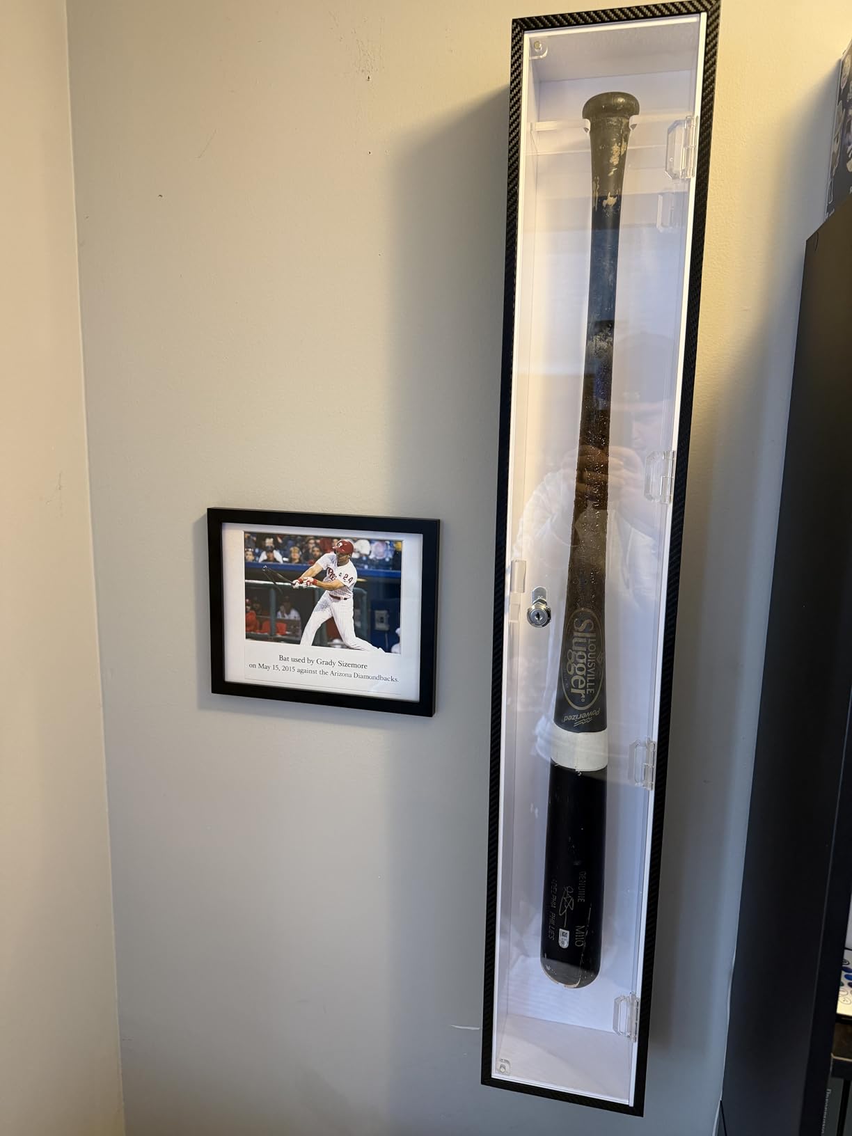 DisplayGifts Baseball Bat Display Case Rack Cabinet Holder Wall Mount, 98% UV Protection Acrylic Door, Lock, Can Hang Vertical or Horizontal (Black Frame, White Interior) customer photo 2