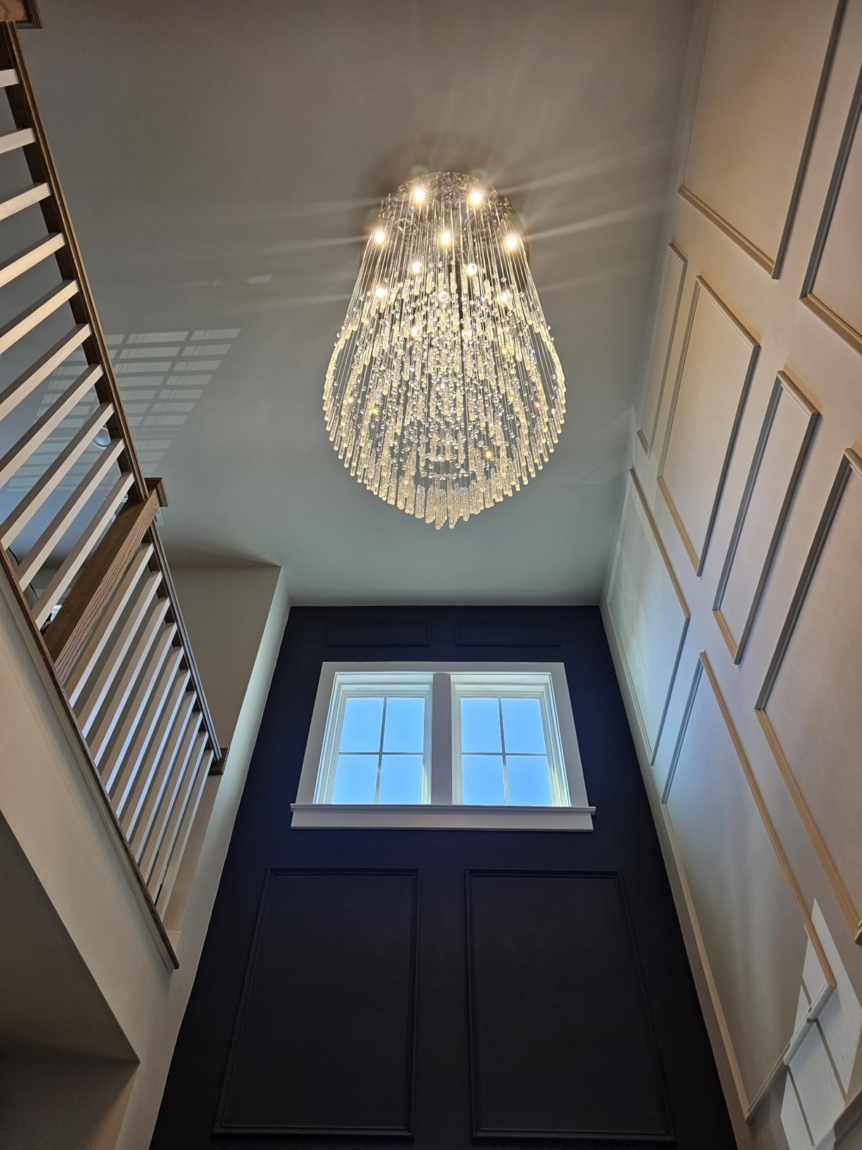 Luxury Large Foyer Chandelier, Modern 12-Lights Round Raindrop Crystal Chandeliers High Ceiling Flush Mount Light Fixtures for Hallway, Entryway, Stairs, Front Entrance D31.5 X H86.7 of CRYSTOP customer photo 1