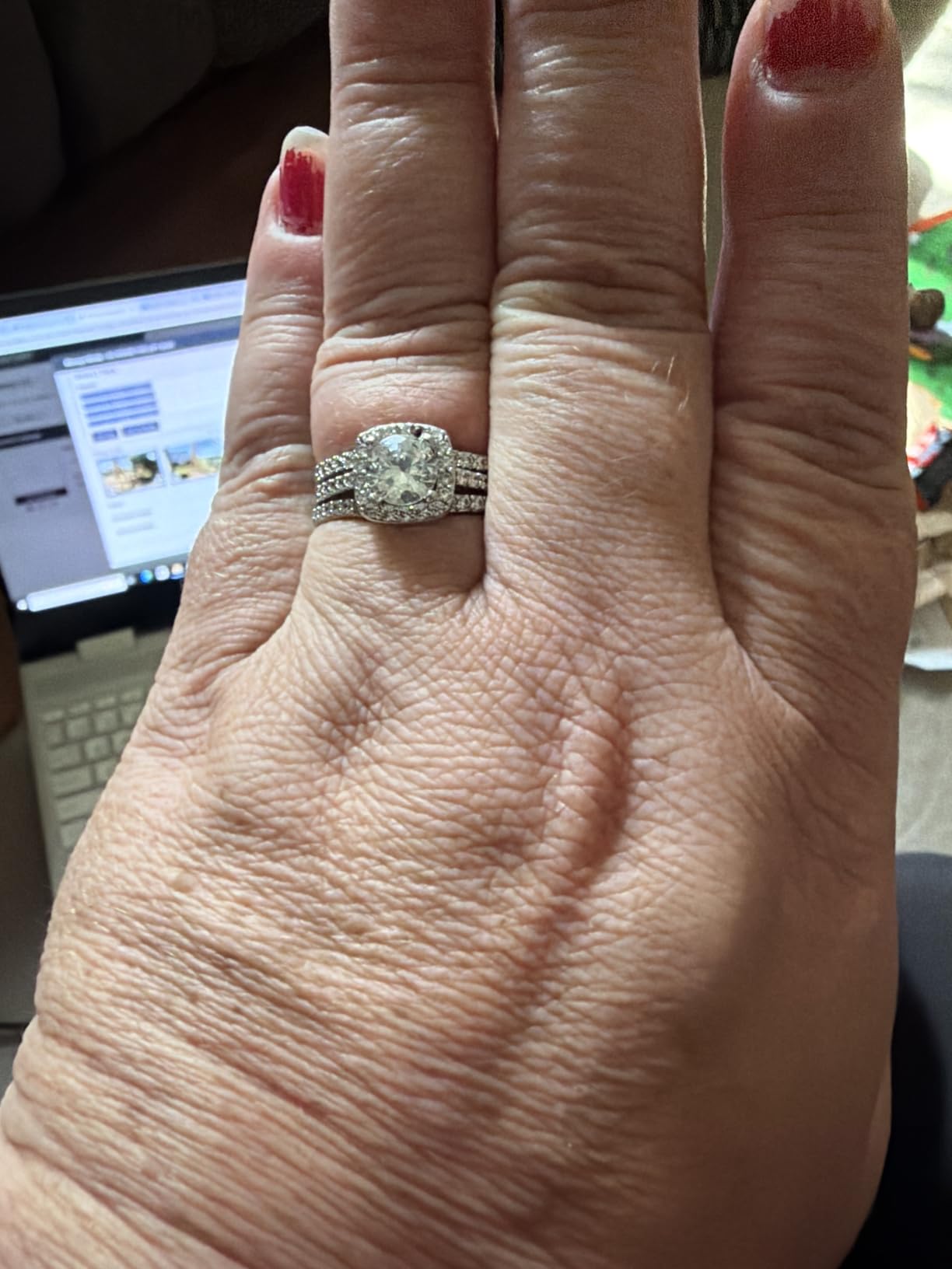 MDFUN 18K White Gold Plated Cubic Zirconia Three-in-One Halo Wedding Engagement Promise Eternity Ring for Women customer photo 2