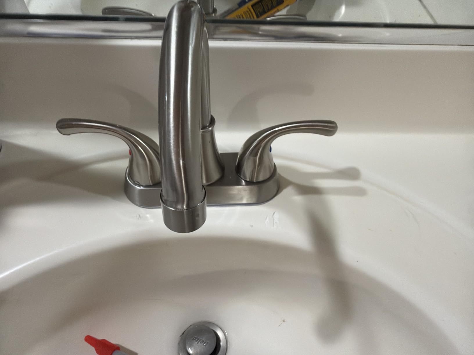 Bathroom Sink Faucet FRANSITON 4 Inch Faucet 2 Handle Bathroom Sink Faucets Lead-Free Brushed Nickel Bath Sink Faucets with Pop-up Drain Stopper and Supply Hoses customer photo 2