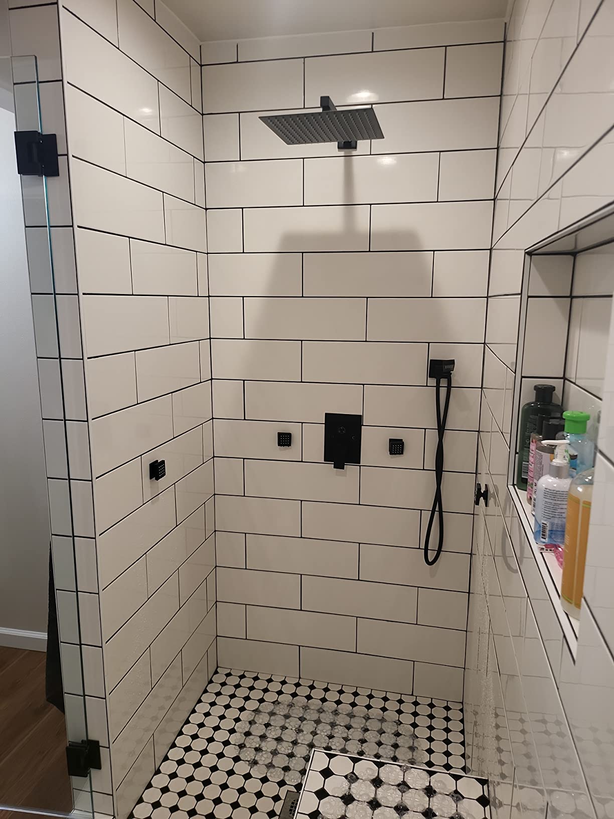 gotonovo Rainfall Shower System with Full Body Jets 6pcs Matte Black, 12'' Rainfall Shower Head with Handheld Spray Combo, Wall Mount, Rough-in Valve and Trim Kit, All Metal customer photo 2