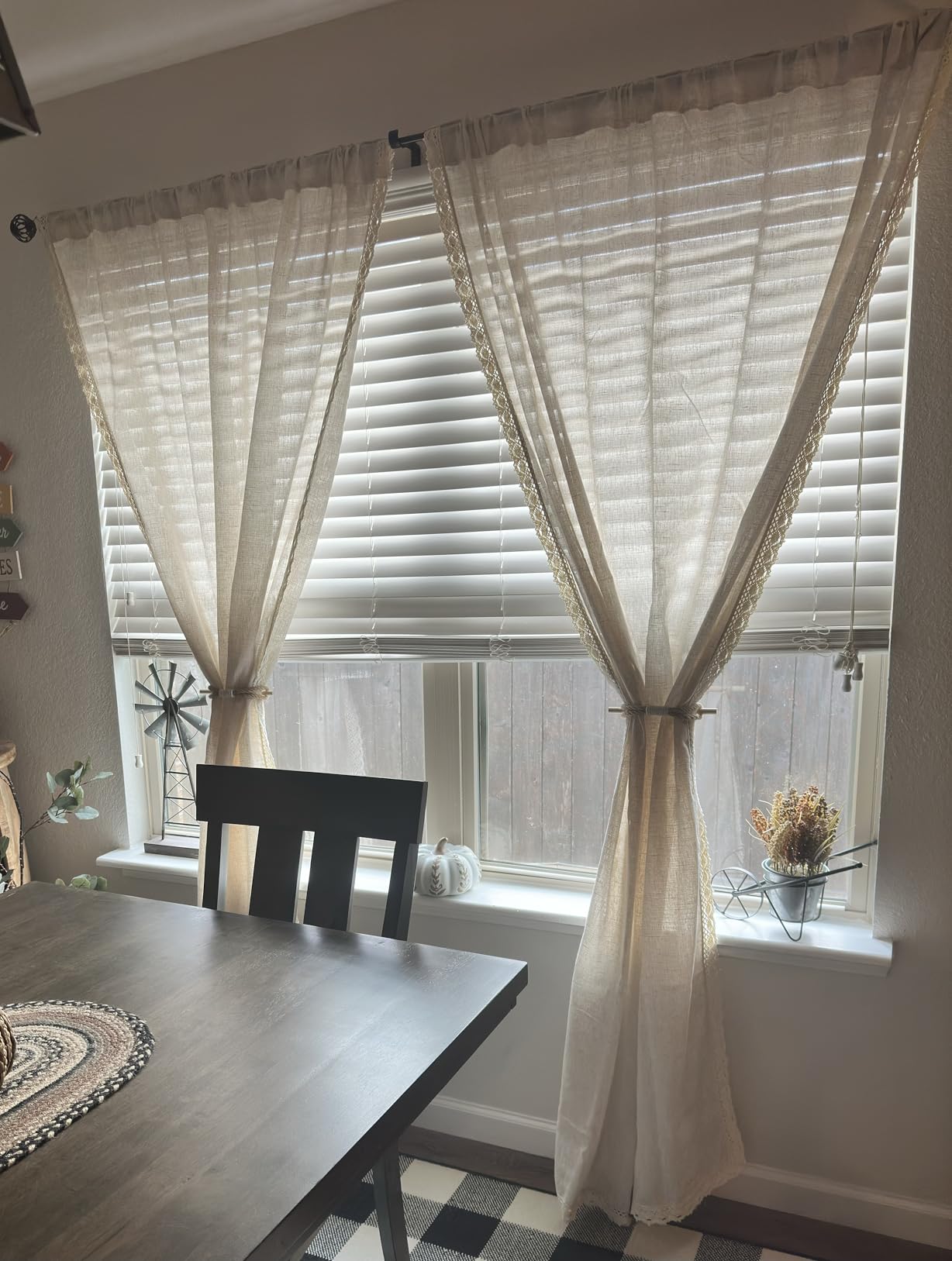 jinchan Beige Linen Curtains with Laced Trim Back Tab 50x84 Inch 2 Panels | Semi sheer light filtering, modern farmhouse curtains for living room and bedroom, back tab rod pocket, machine washable customer photo 2