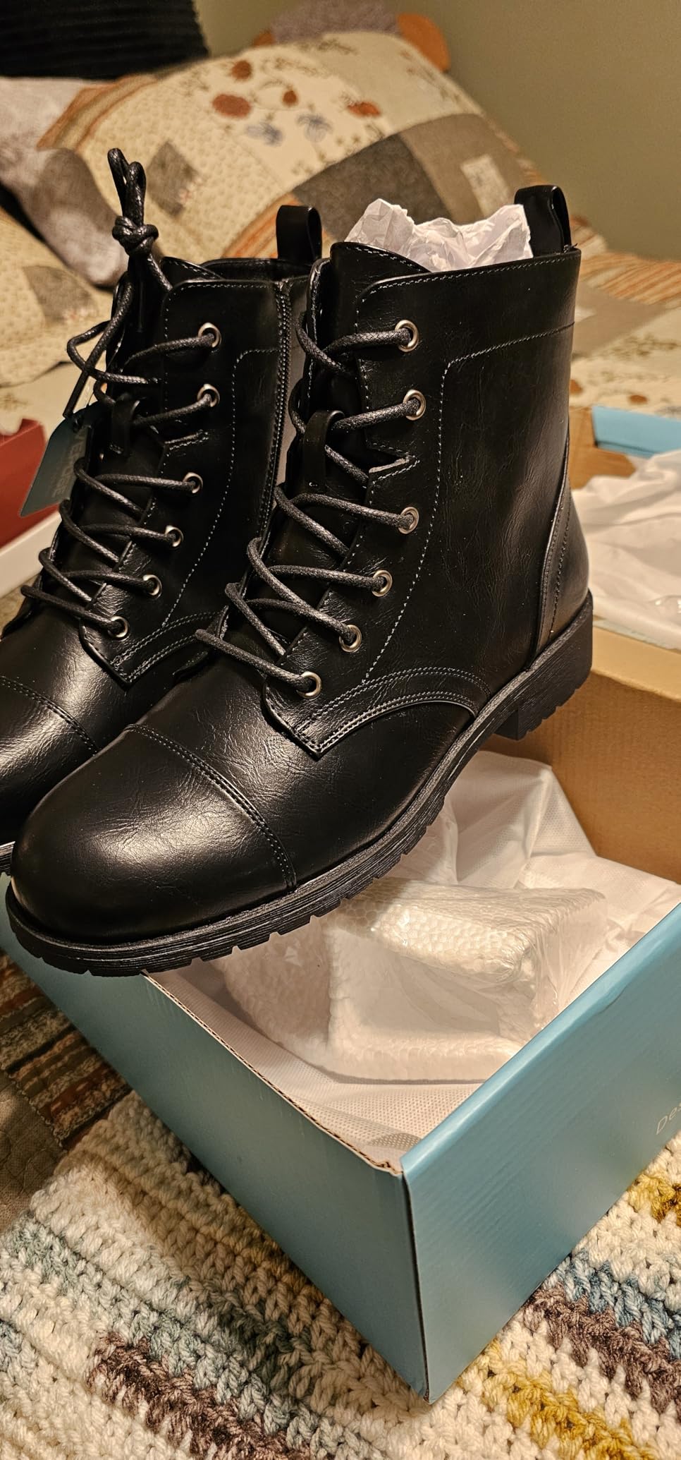 Women's Lace Up Combat Ankle Boots, Cap Toe Low Block Heel | Comfortable booties with easy side zipper entry and memory foam cushioning customer photo 1