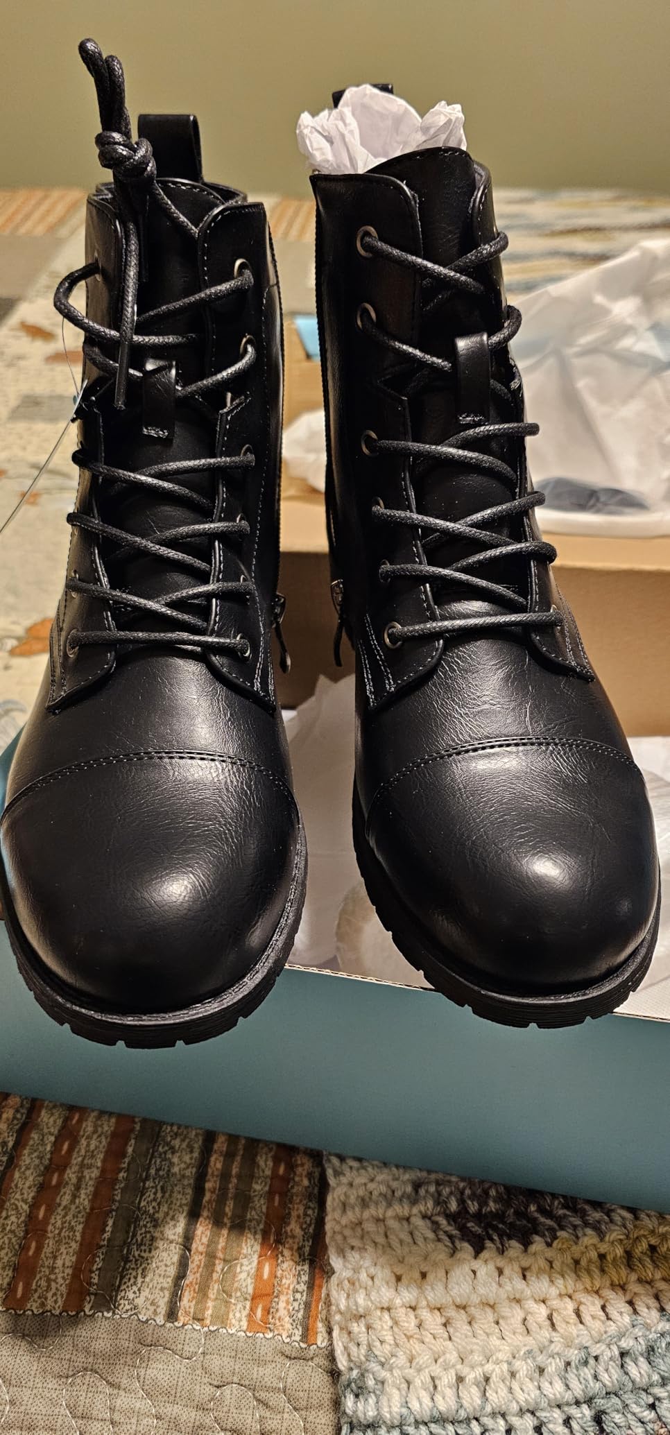 Women's Lace Up Combat Ankle Boots, Cap Toe Low Block Heel | Comfortable booties with easy side zipper entry and memory foam cushioning customer photo 2