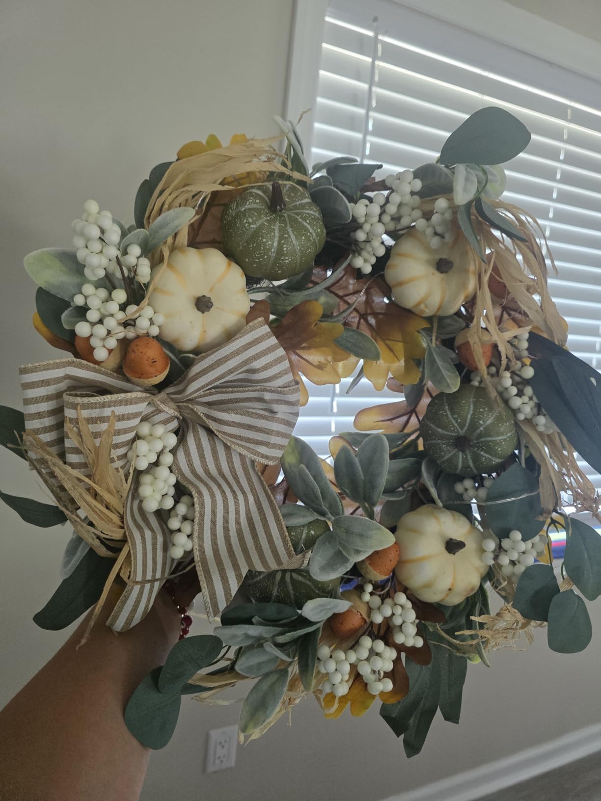 Valery Madelyn 20'' Fall Wreaths for Front Door with LED Lights | Farmhouse Autumn Wreath with White Pumpkins Bow for Home Porch Thanksgiving Harvest Table Centerpiece Decorations customer photo 2