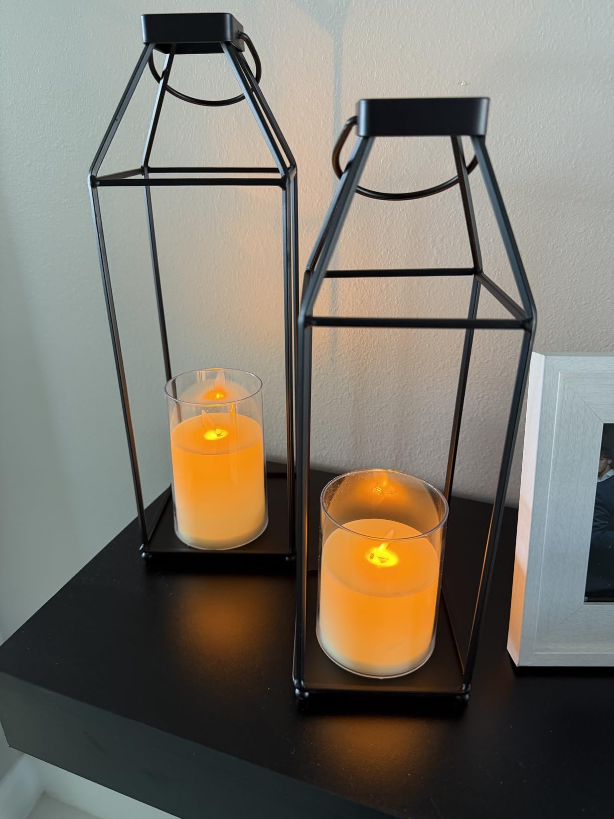 Lanterns Decorative Outdoor 2PCS Front Porch Decor Lantern with LED Candles | Black Metal Decor lantern for Home Decor Patio Fireplace Mantle or Table Centerpiece Halloween Christmas Lantern Decor customer photo 2