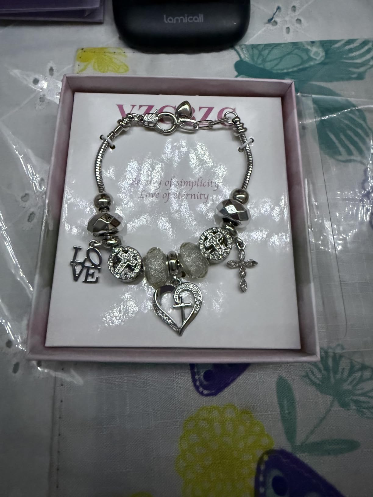 Charm Bracelet for Women with Crystal and Heart Shape Glass Beads Sliver CZ Cross Snake Chain Bracelet customer photo 2