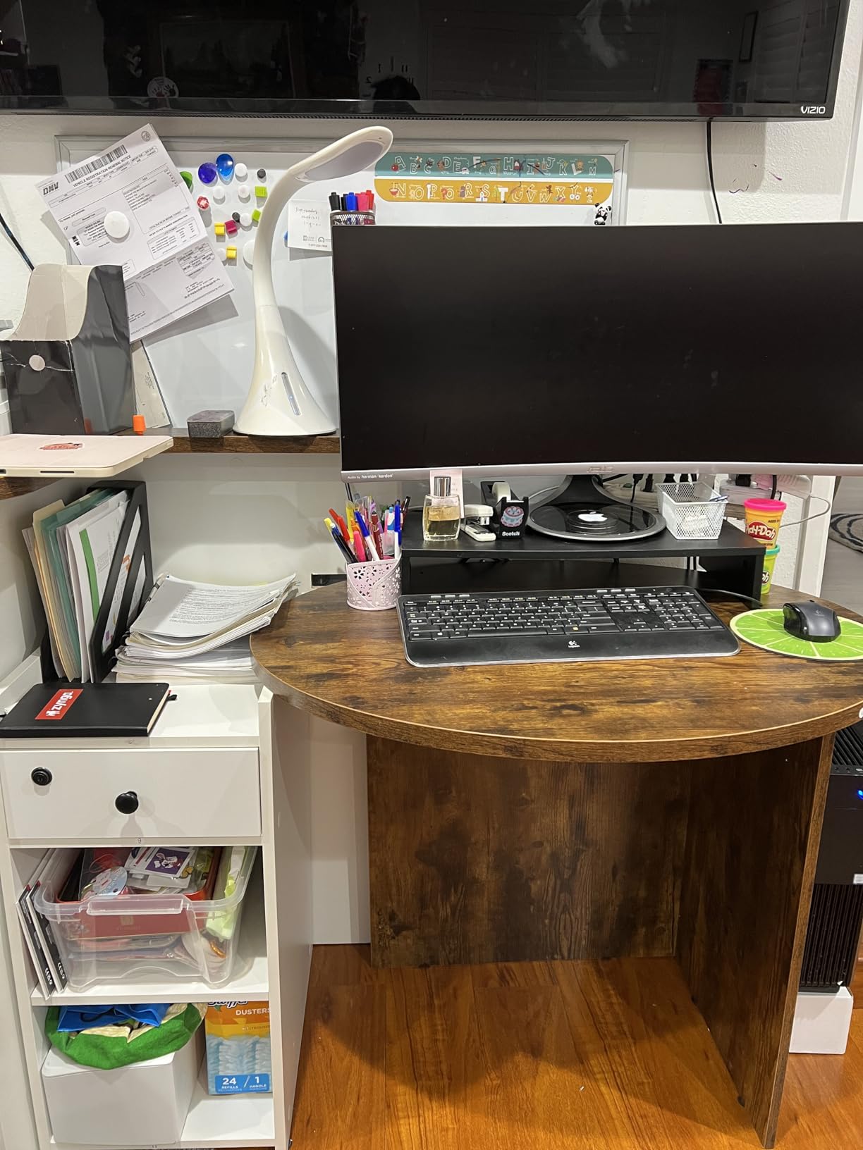 Tangkula Reception Desk, Front Counter Desk with Lockable Drawer & Adjustable Shelf, Oval Desktop, Retail Counter for Checkout, Computer Workstation for Salon Lobby Office, Home Office Desk customer photo 1