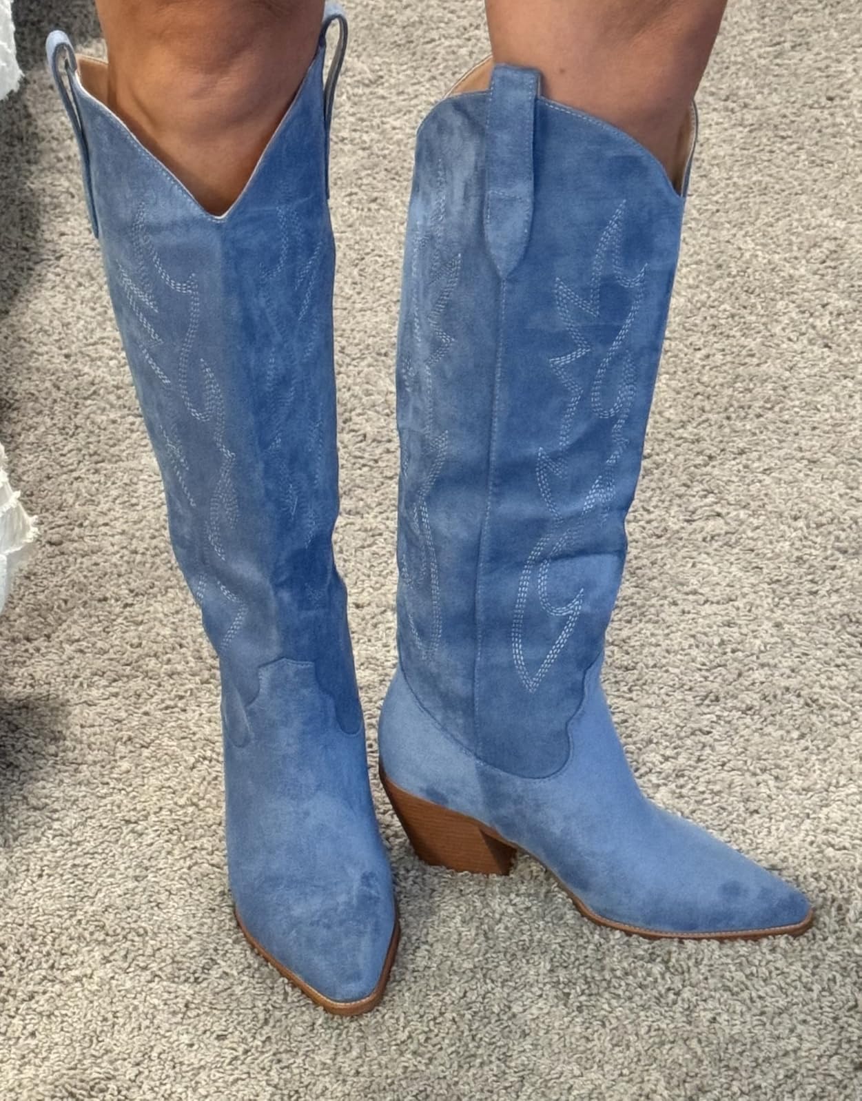 Cowgirl Boots Women Knee High Boots Pointed Toe and Block Heel Cowboy Suede and Faux Leather Boots with Embroidered customer photo 2