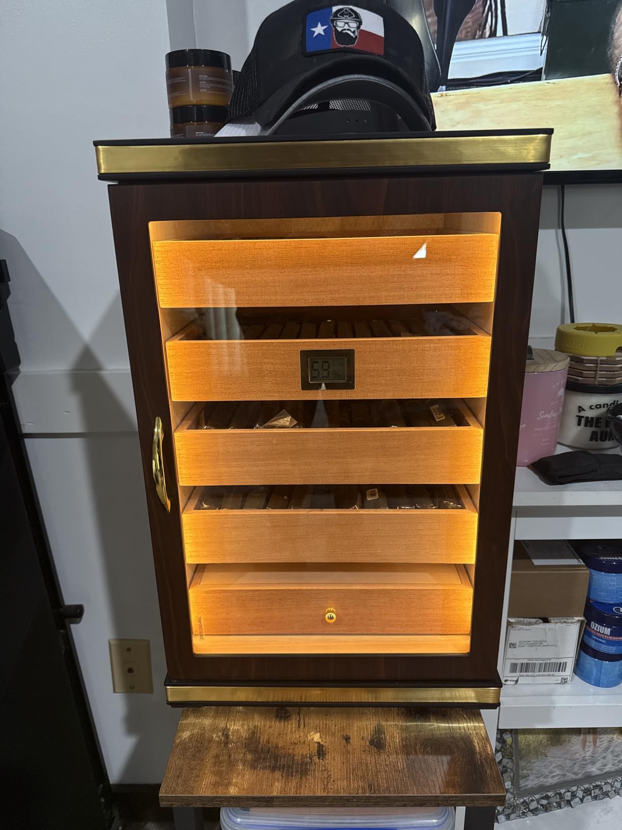 300-Count Walnut Cigar Humidor Cabinet with Digital Hygrometer | Walnut finish, cedar drawers, digital hygrometer, humidifiers and humidity packs, large storage for up to 300 cigars customer photo 2