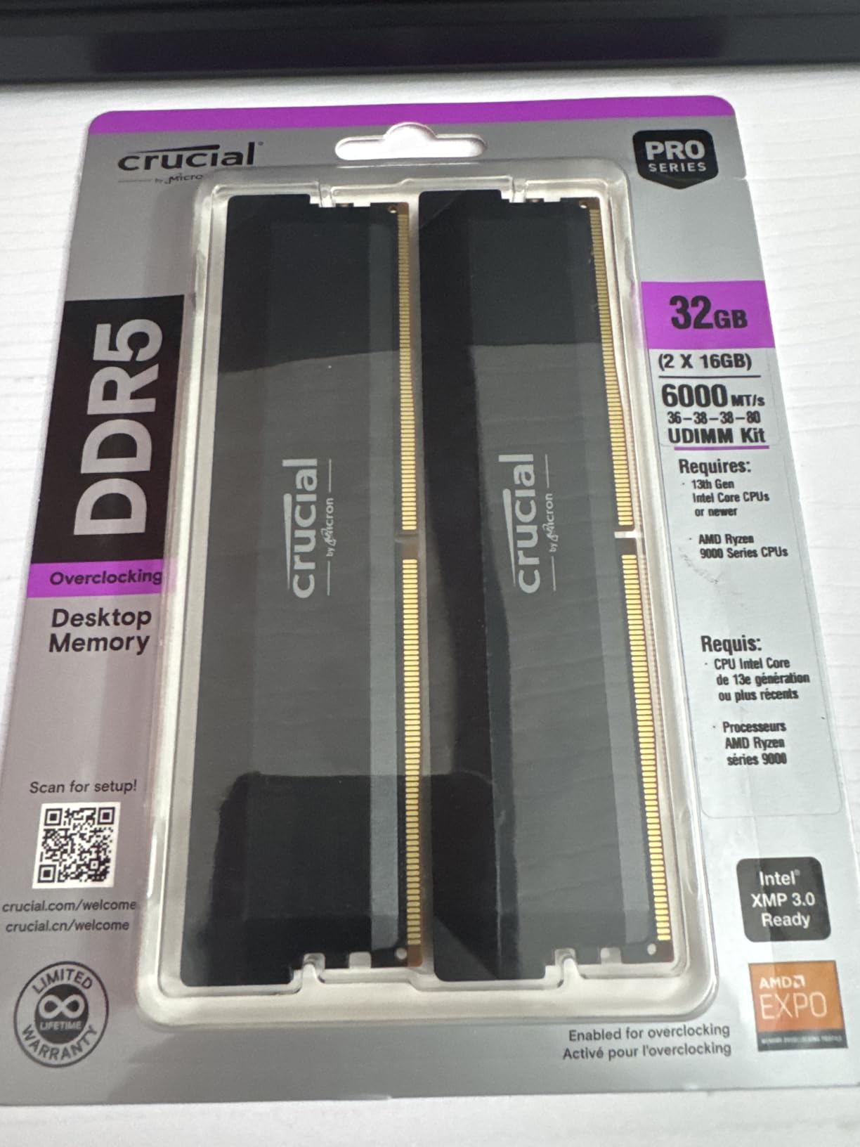Crucial Pro 32GB DDR5 RAM Kit (2x16GB), CL36 6000MHz, Overclocking Desktop Gaming Memory, Intel XMP 3.0 & AMD Expo Compatible, Black - CP2K16G60C36U5B customer photo 1