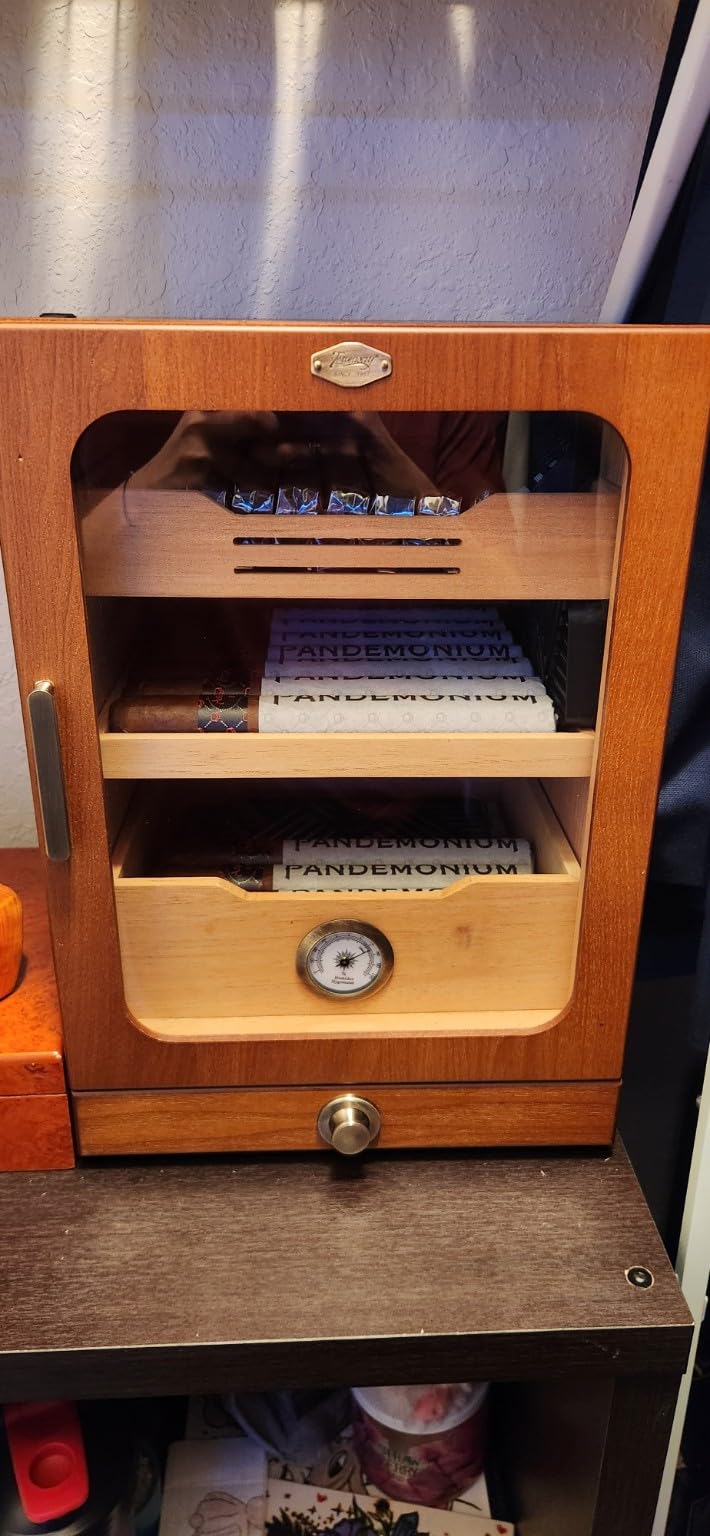 Cigar Humidor, Desktop Cigar Humidor Cabinet Light Control System with Spanish Cedar Wood Shelves, Hygrometer, 3 Humidifiers and Cigar Accessories Drawer, Father's Day Gift for Men (Brown) customer photo 2