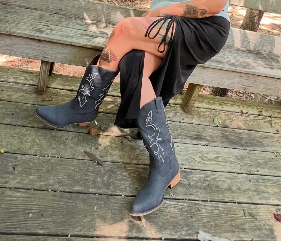 Choiran Cowboy Boots for Women - Mid Calf Cowgirl Boots Western Chunky Heel Pointed Toe Boot with Retro Embroidery, Country Concert Outfit Essentials for Rodeo Festival customer photo 1