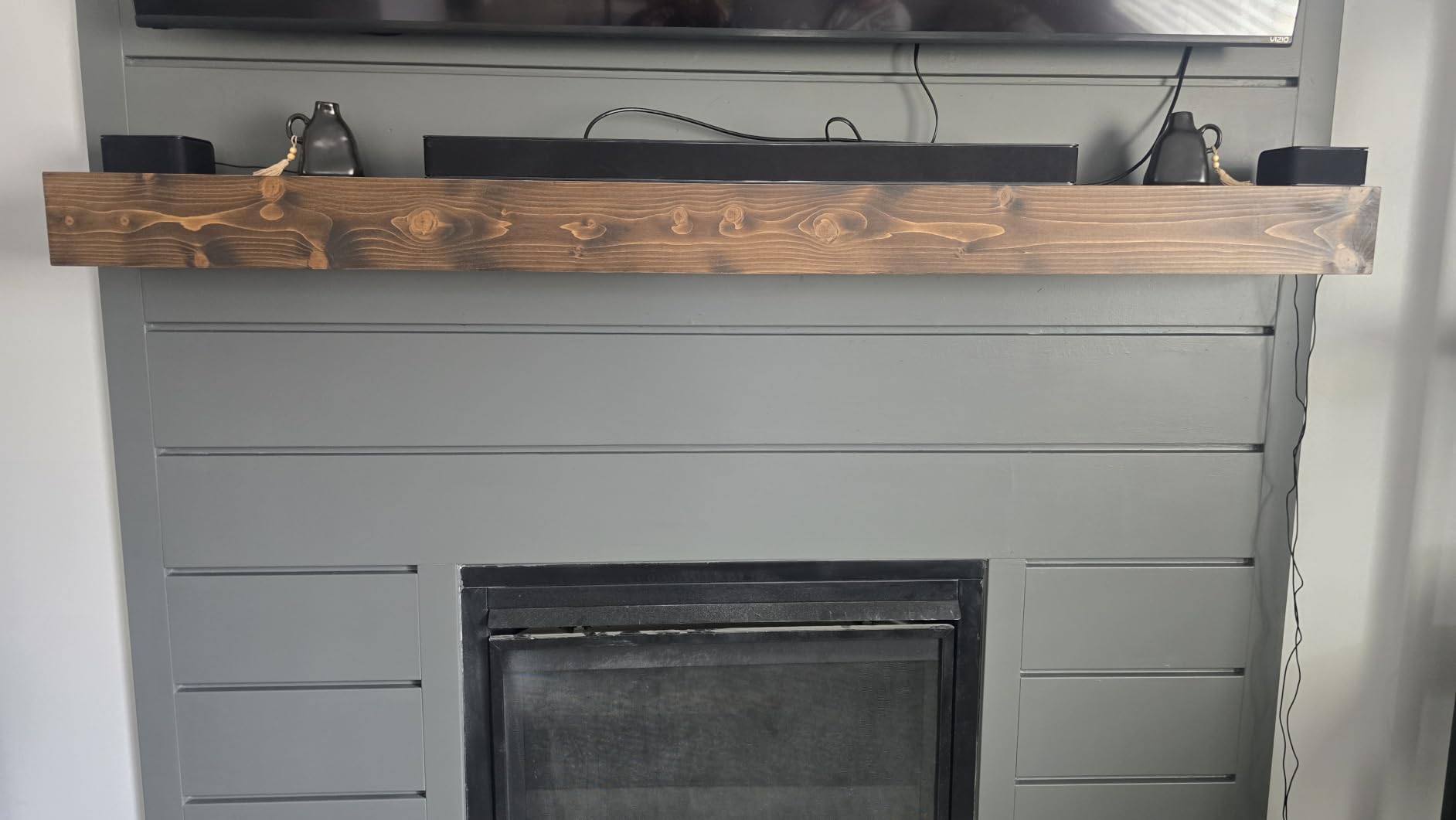 72x8x5in Pine Wood Fireplace Mantel Shelf, Weathered Brown | Hollow Wooden Bracket, Wall Mount Design, Invisible Heavy Duty Support Bracket, Farmhouse Rustic Home Decor customer photo 2