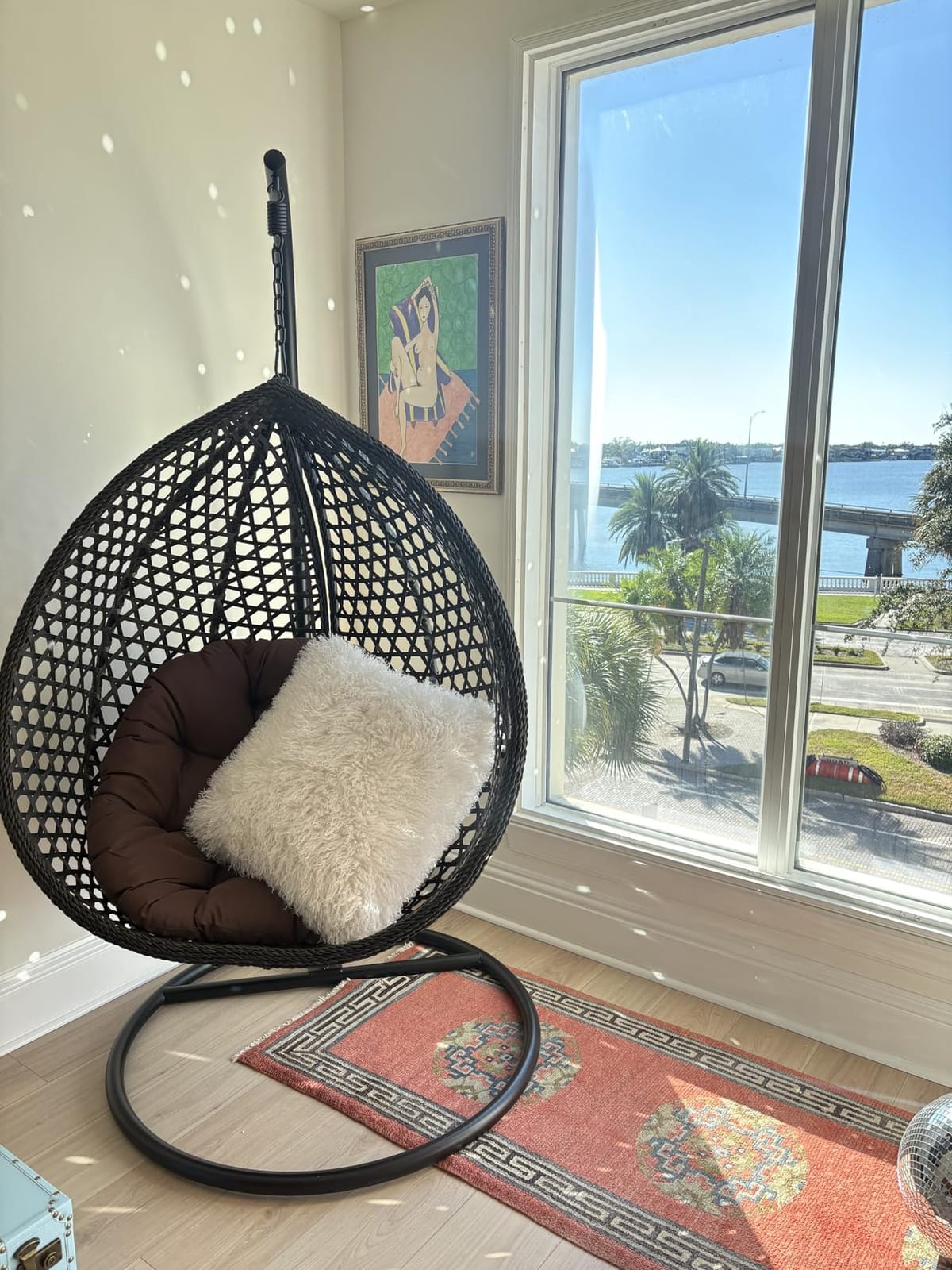 Hanging Outdoor Egg Chair, Wicker Swing Egg Chair with Stand | Rattan Basket Chair with Cushion and Pillow, 300lbs Capacity for Outside Bedroom Patio Garden Balcony yard (White) customer photo 2