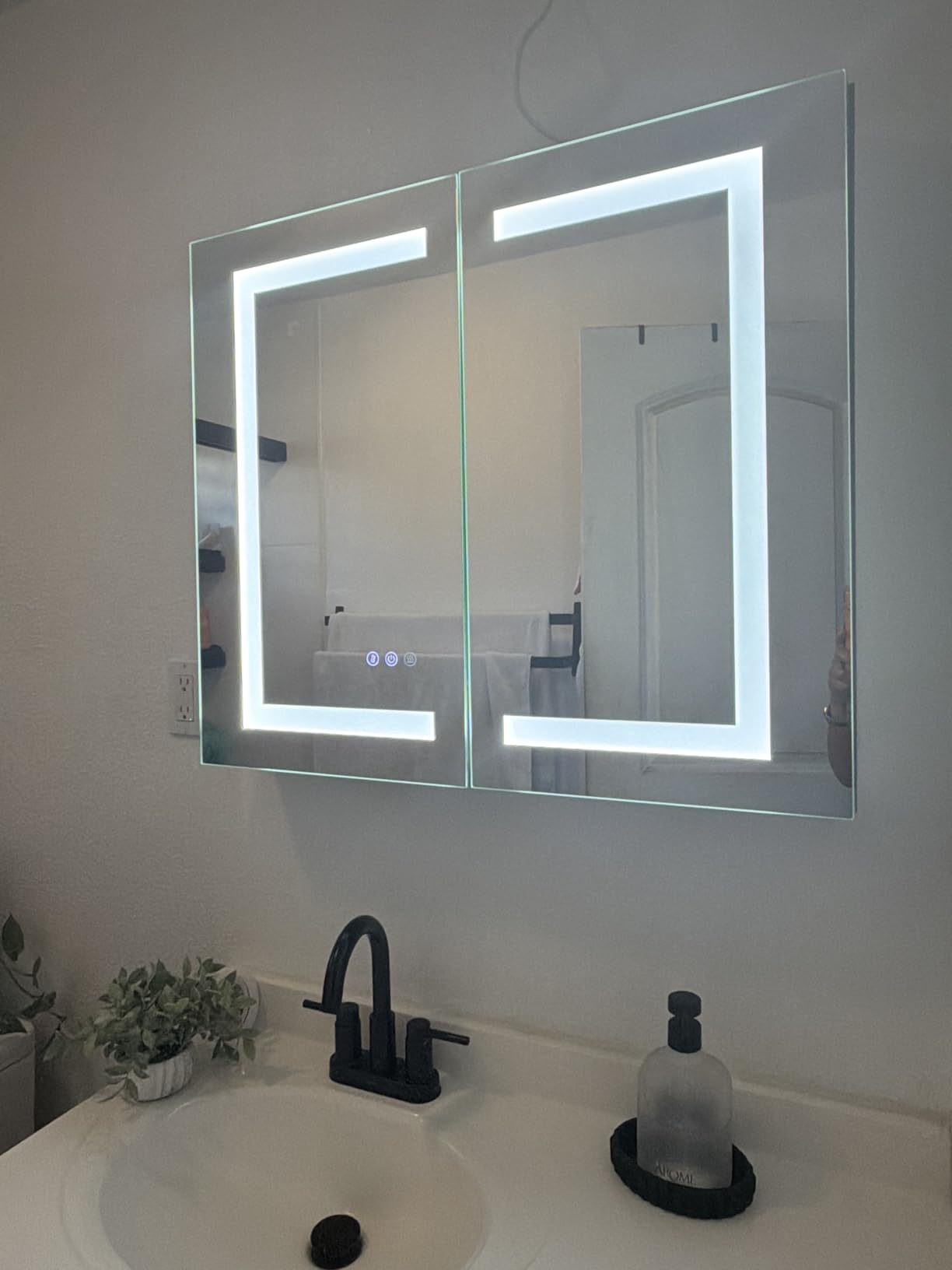 TETOTE 30 x 32 Lighted Medicine Cabinet Mirror for Bathroom with LED Lights, 2 Door Tempered Glass Recessed or Surface Mount Mirrored Cabinet, Outlets & USB, 3-Color Dimming, Defog, Adjustable Shelf customer photo 2