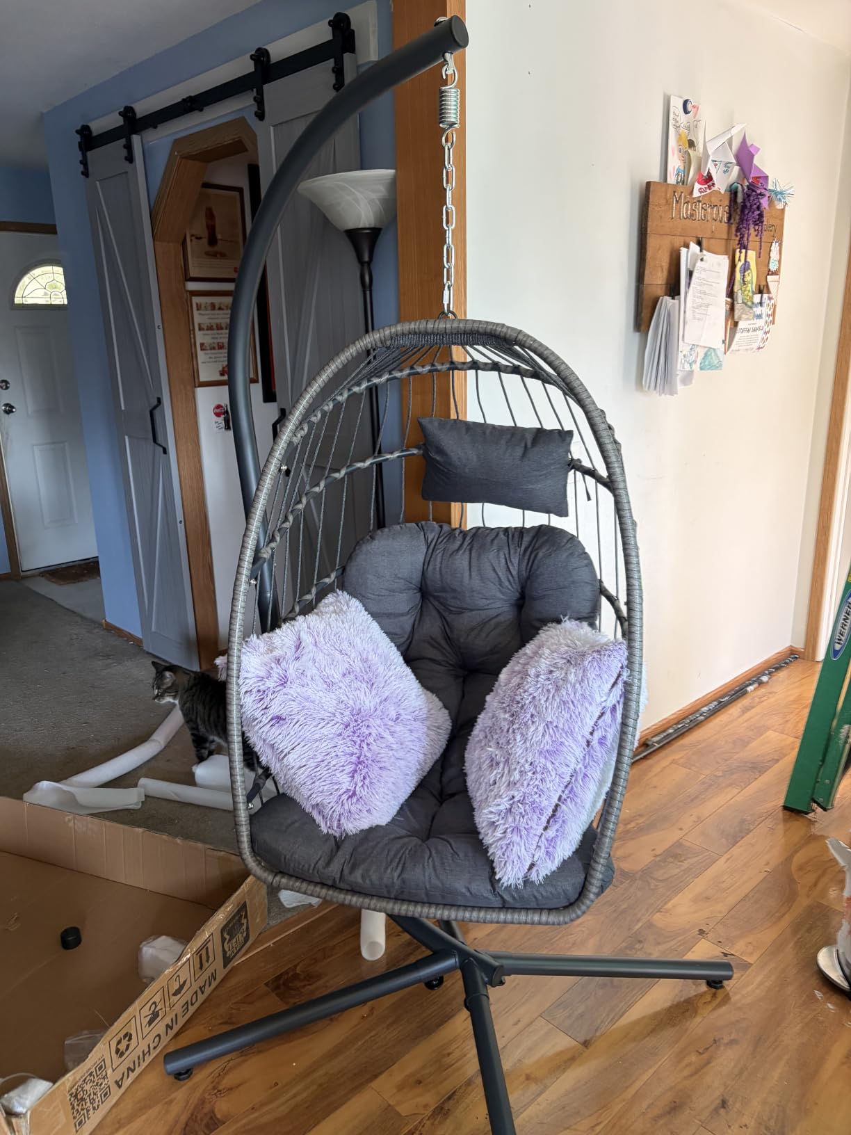 SWITTE Egg Chair Outdoor with Stand, Indoor Wicker Hanging Egg Swing, Grey | Patio Swinging Chair with Thick Cushion, Egg Shaped Swing for Bedroom Porch Balcony, Rattan Hammock Chairs 370 LBS Capacity customer photo 2