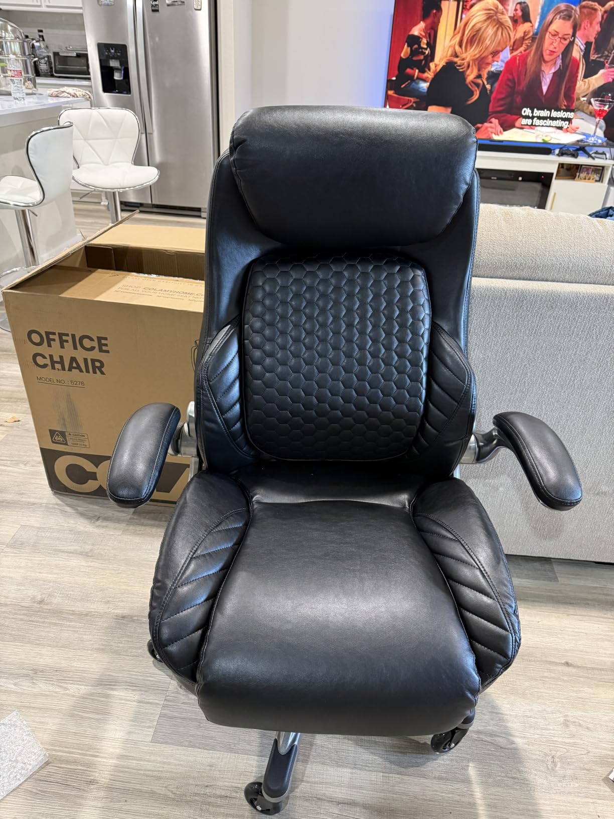 COLAMY Office Ergonomic Desk High Back Executive Chair with Pop-Out Lumbar Support, Upgraded Casters, Adjustable Headrest, Flip-Up Arms, Leather customer photo 1