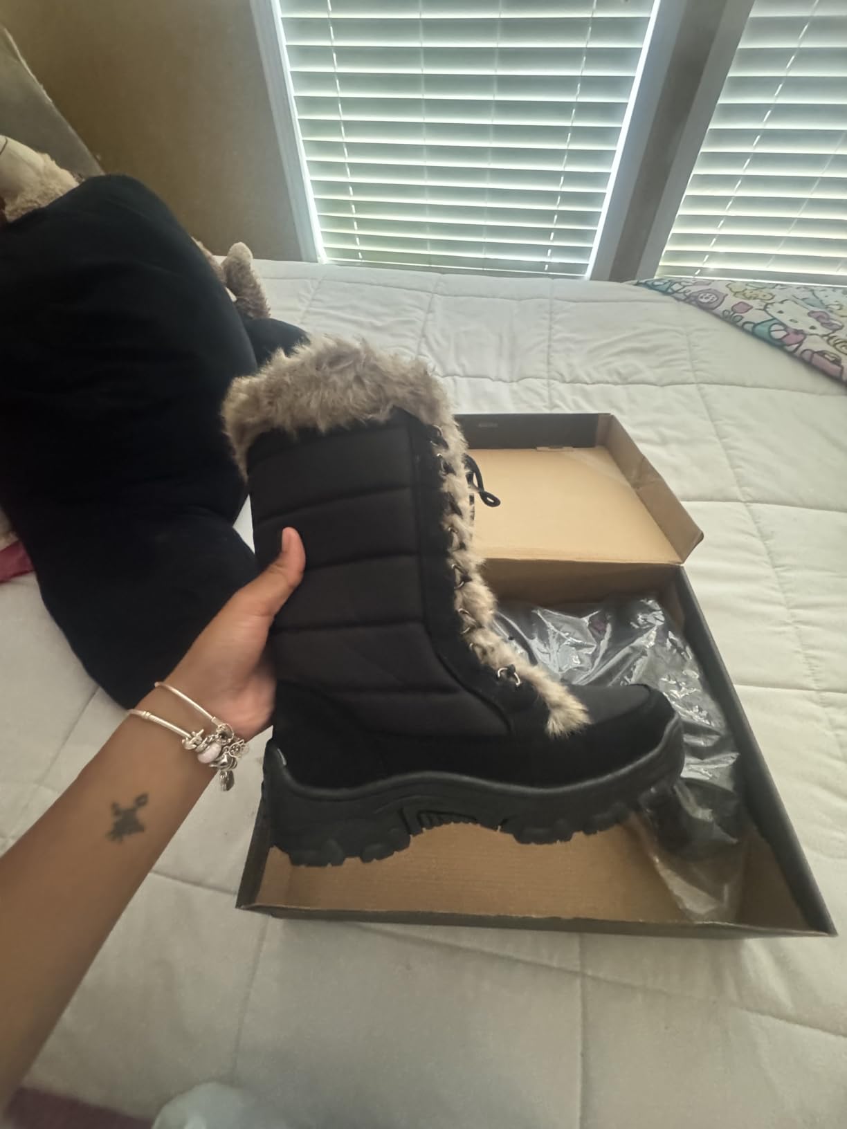 AUSLAND Women's Black Winter Snow Boots Twin Peaks Fur Cuff Mid-Calf Waterproof Lace Up Boots customer photo 1