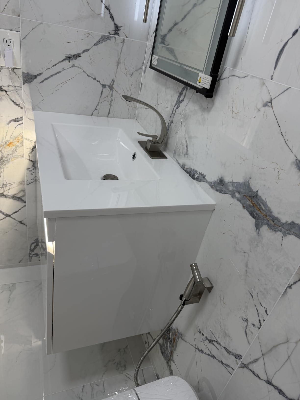 AHB 30 inch Bathroom Vanity W/Sink Combo, High Gloss Bathroom Cabinet, Smart Wall Mounted Sink Cabinet Auto Motion Sensor LED Light, Modern Floating Vanity with Faucet customer photo 1