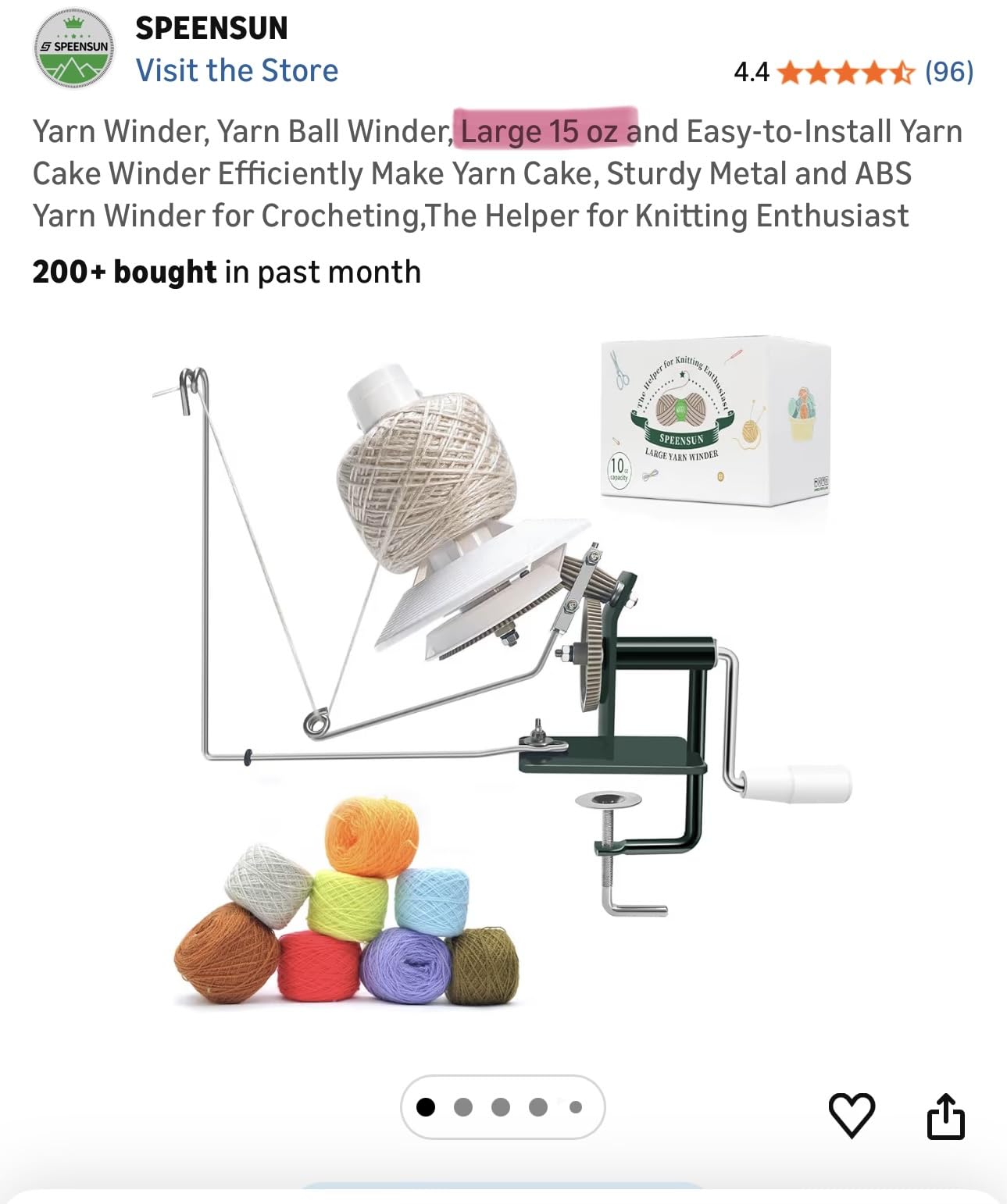 SPEENSUN Large Yarn Winder, 10-15 oz Capacity, Heavy Duty Ball Winder | Sturdy Metal & ABS Structure, Easy-to-Install, Makes Center-Pull Cakes for Crocheting and Knitting customer photo 1