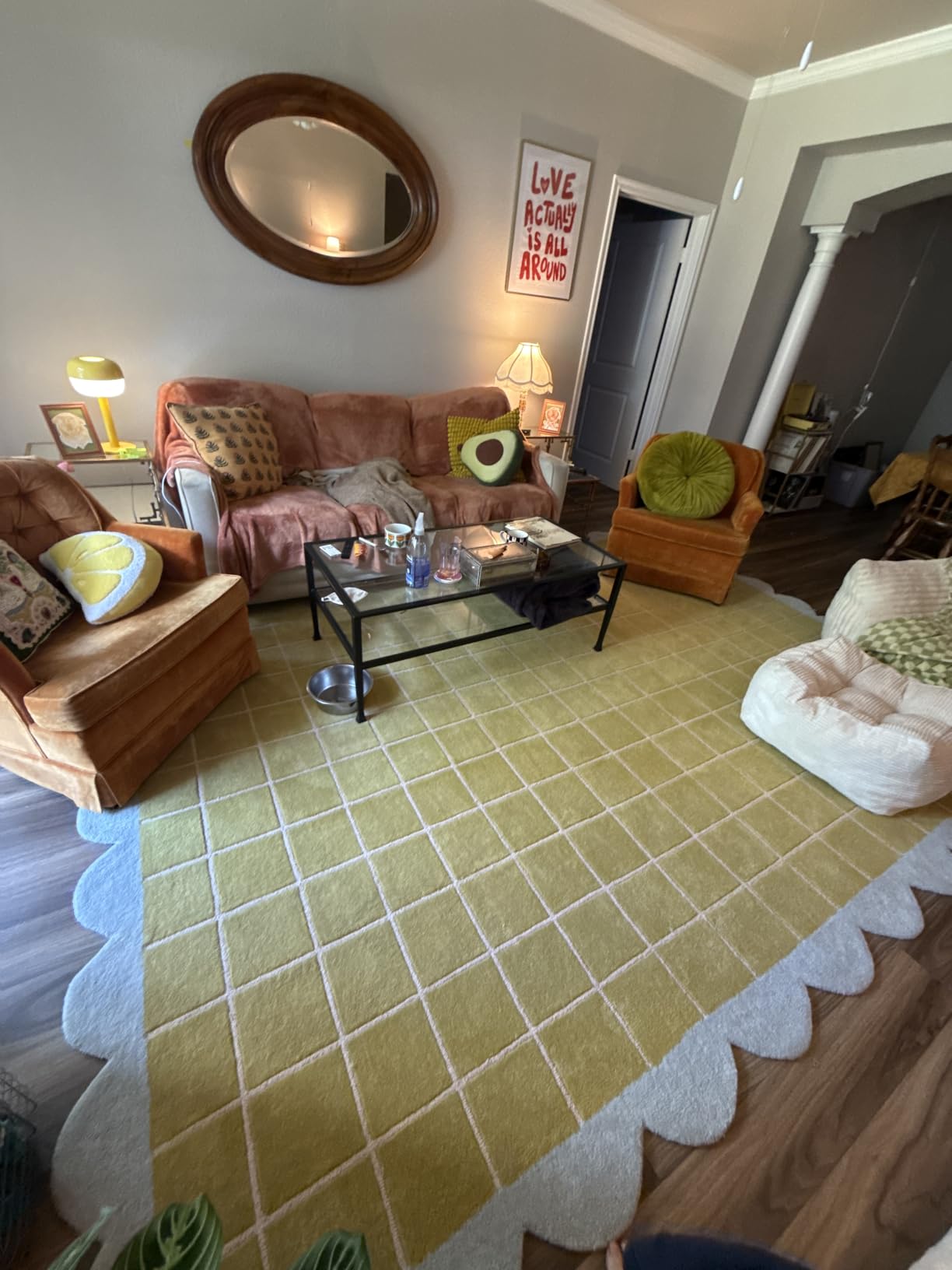 Hand Tufted Checkered 100% Wool Area Rug with Scalloped Edges - 5 x 7 Ft | Rectangular Light Blue Base, Mustard and Beige Blocks, Olive Green Scalloped Edge, Cotton Backing 10-15 mm Plush Pile Carpet customer photo 1