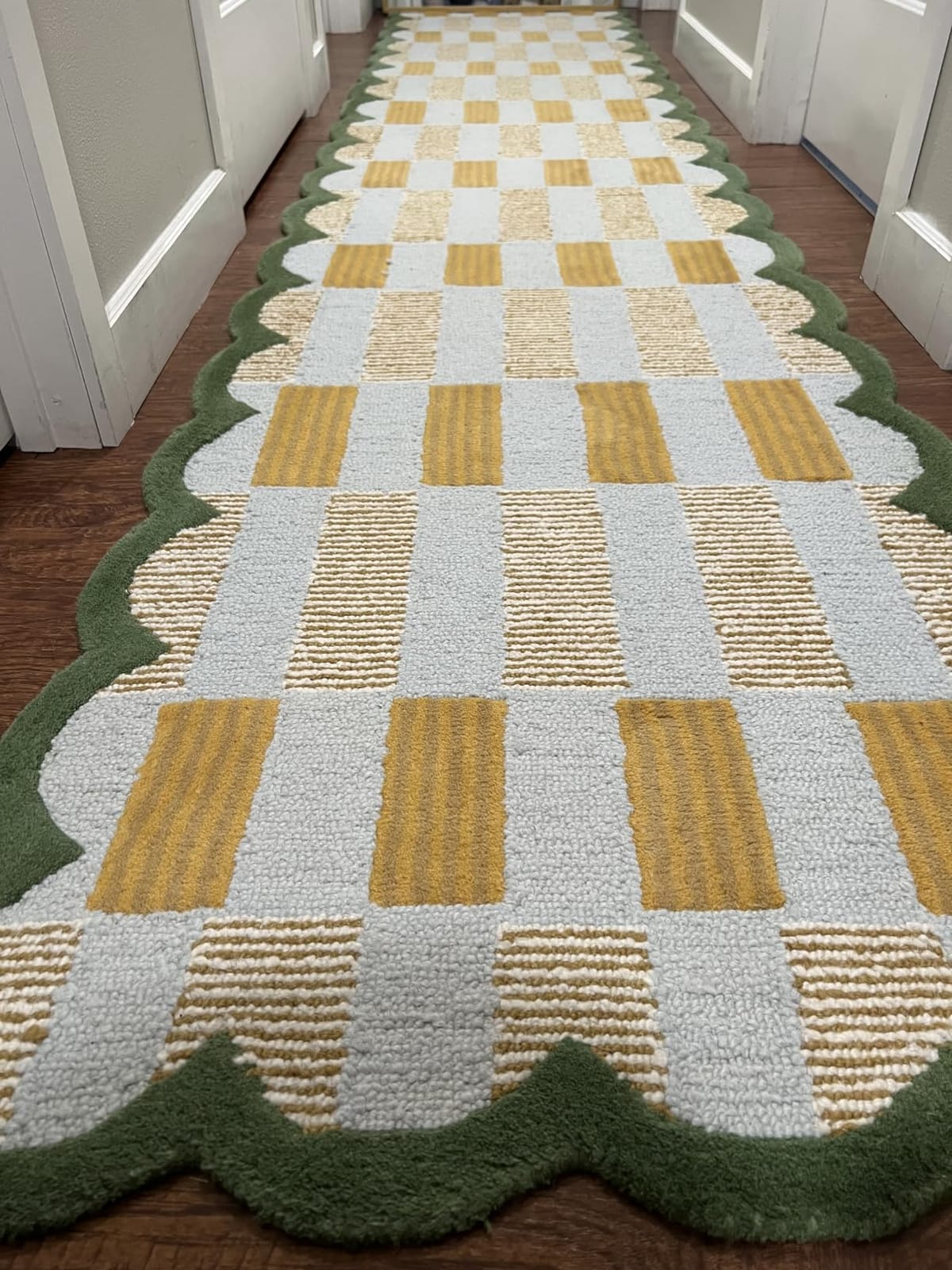 Hand Tufted Checkered 100% Wool Area Rug with Scalloped Edges - 5 x 7 Ft | Rectangular Light Blue Base, Mustard and Beige Blocks, Olive Green Scalloped Edge, Cotton Backing 10-15 mm Plush Pile Carpet customer photo 2