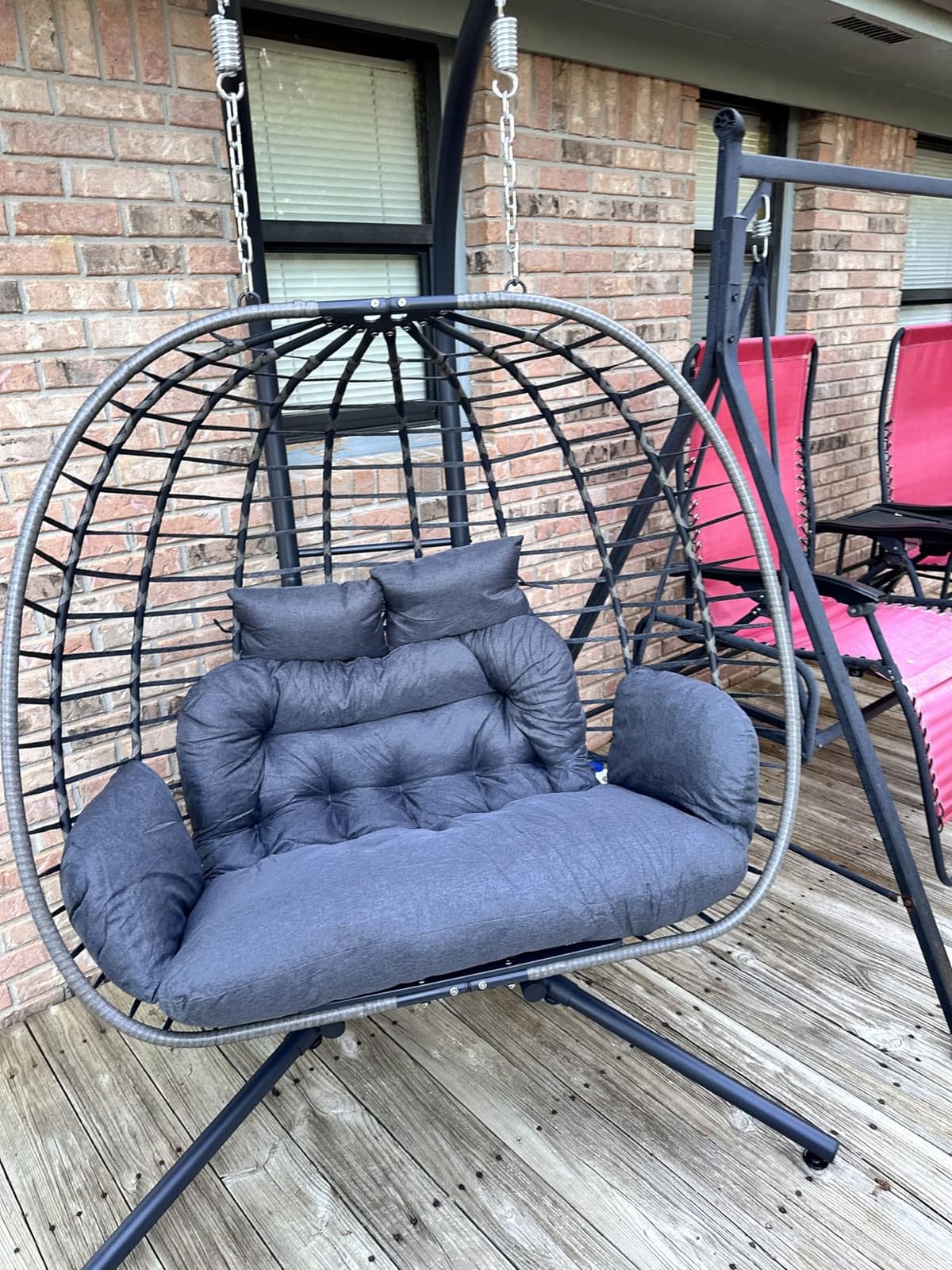 SWITTE Double Egg Chair Outdoor with Stand, Patio Hanging Swing, Grey | Indoor 2 Person Egg Swinging with Cushion, Wicker Loveseat for Porch Balcony Backyard, Cozy Hammock Chairs 650 LBS Capaticy customer photo 2