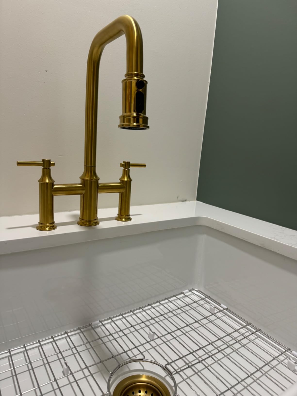 Bridge Kitchen Faucet, 3 Hole Brass Sink Faucet with Pull Down Sprayer, Two Handles, 8 Inch Centerset, Vintage Bridge Faucet for Farmhouse Kitchen customer photo 1