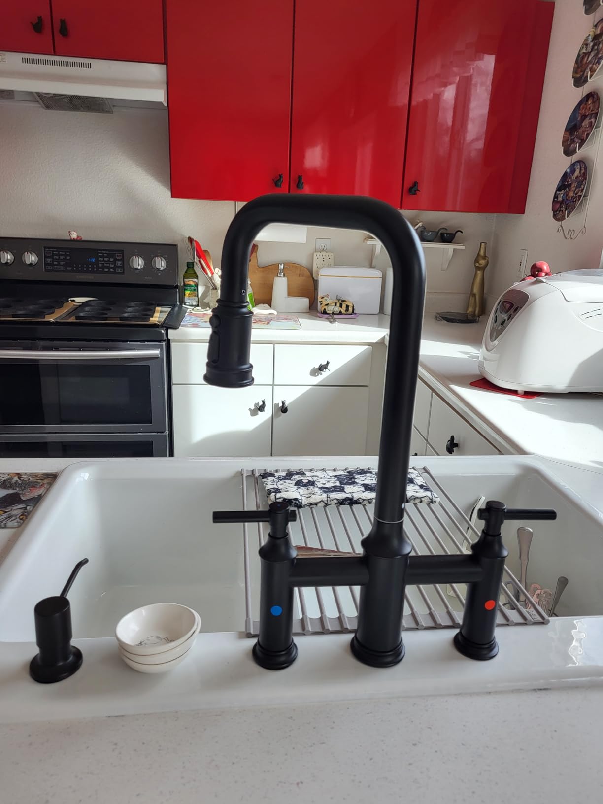 Bridge Kitchen Faucet, 3 Hole Brass Sink Faucet with Pull Down Sprayer, Two Handles, 8 Inch Centerset, Vintage Bridge Faucet for Farmhouse Kitchen customer photo 2