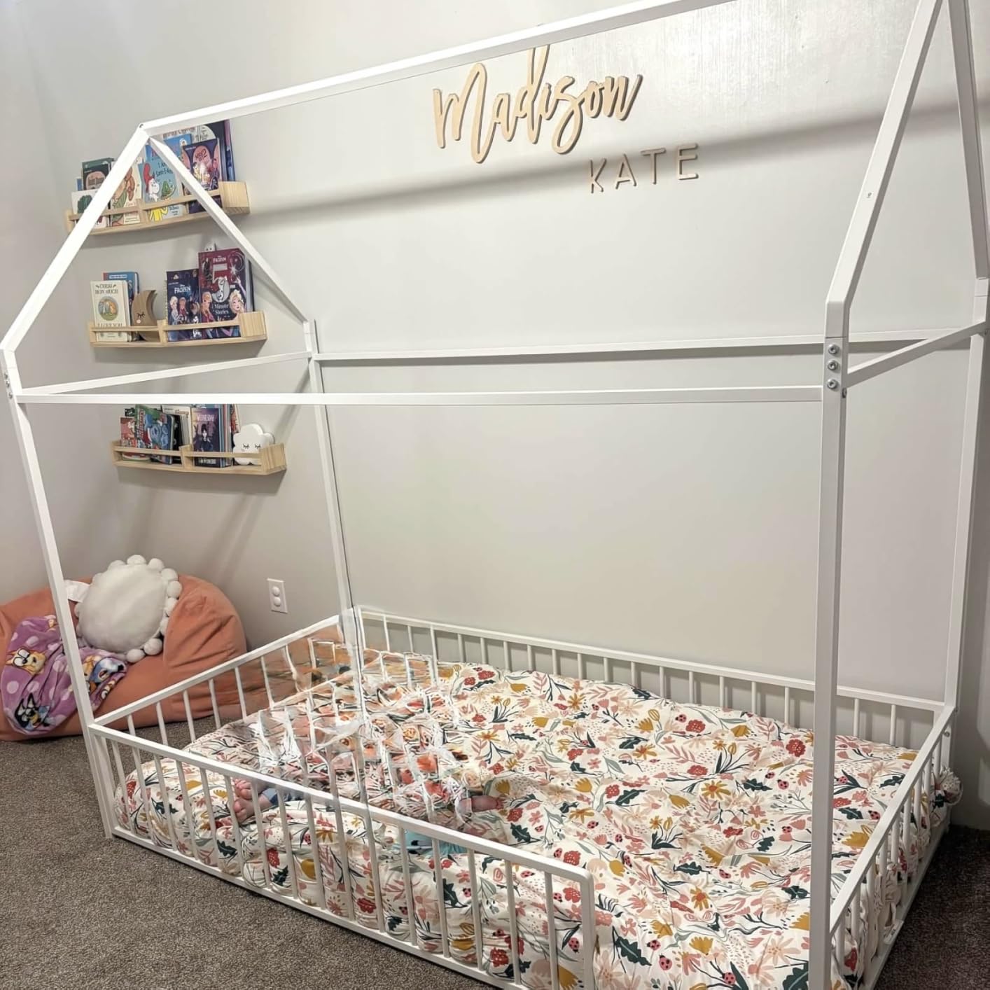 LIKIMIO Twin Floor Bed with Roof and Fence Guardrails, Black customer photo 1
